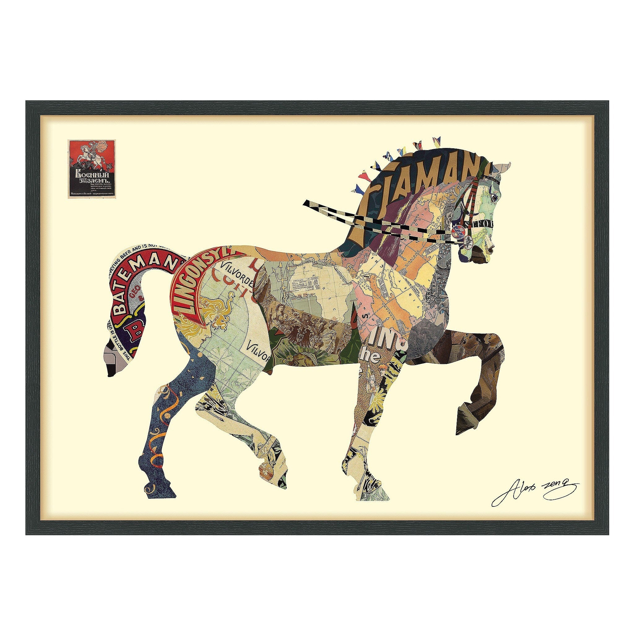 Empire Art Carousel Horse Hand Made Signed Art Collage By Ead Artists Co Op Under Tempered Glass In Black Frame