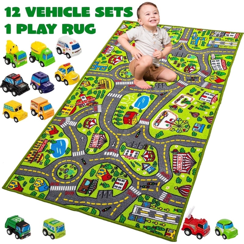 Carpet Playmat W 12 Cars Pull Back Vehicle Set Green