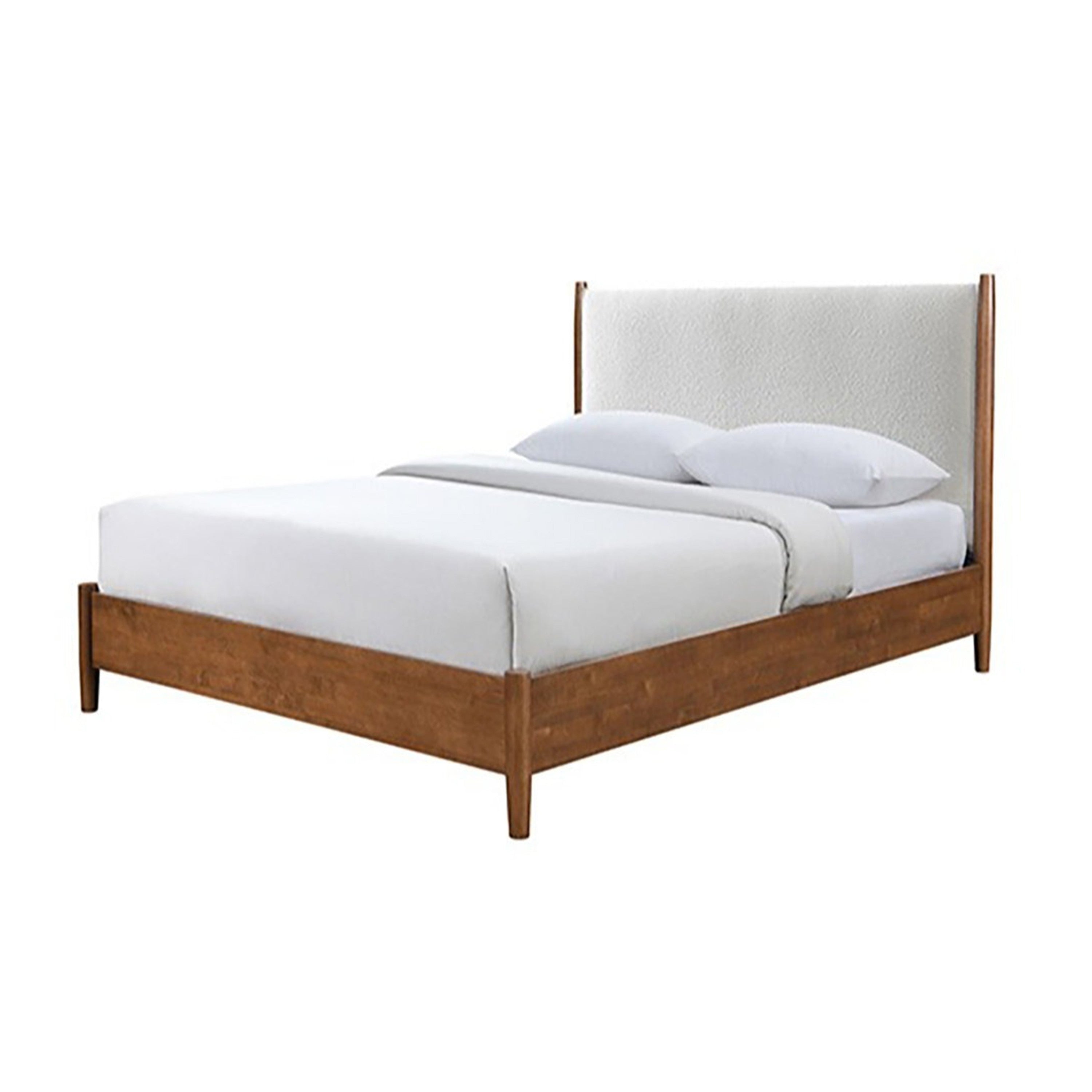 Carry Full Size Bed W Beige Boucle Upholstered Headboard Walnut Brown