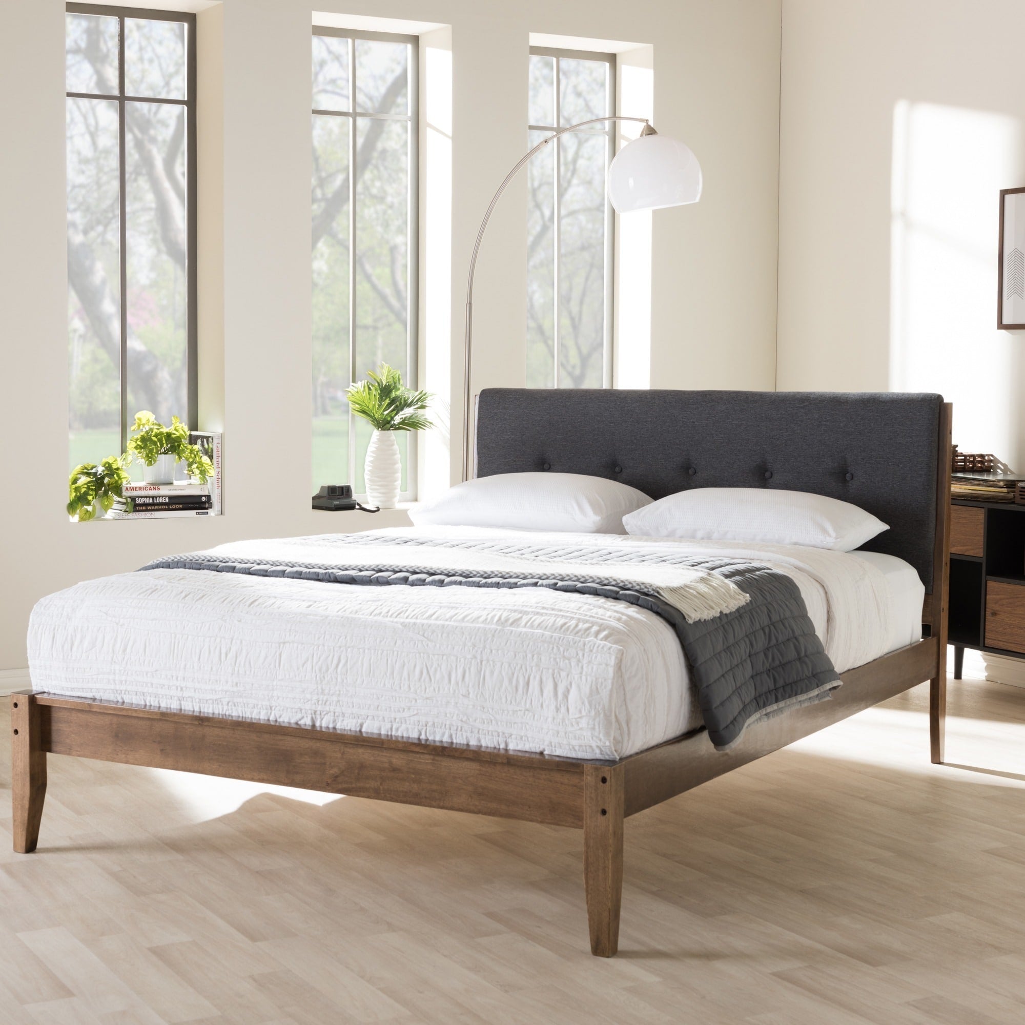 Baxton Studio Kyros Mid Century Modern Grey Fabric Upholstered King Or Queen Size Platform Bed