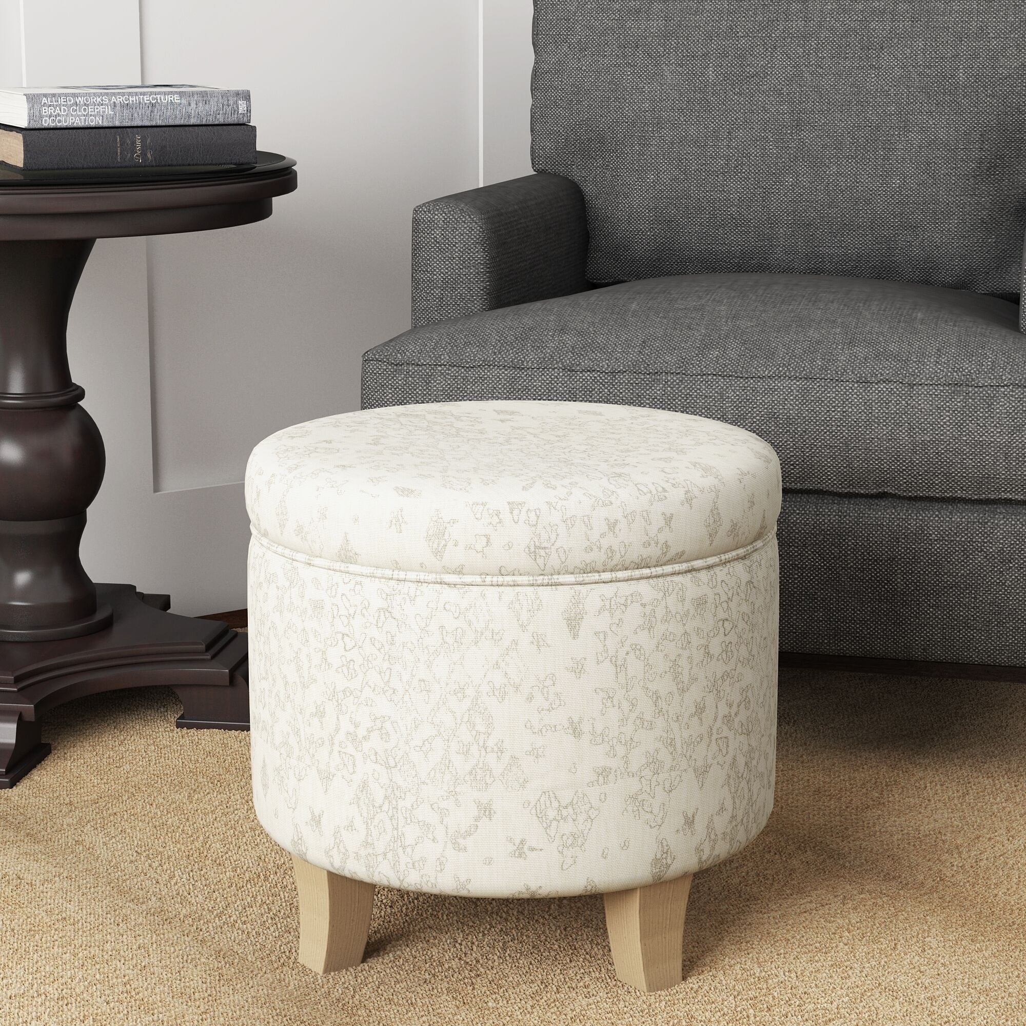 Porch Den Mcmichael Round Storage Ottoman Flared Wood Leg In Grey And Natural