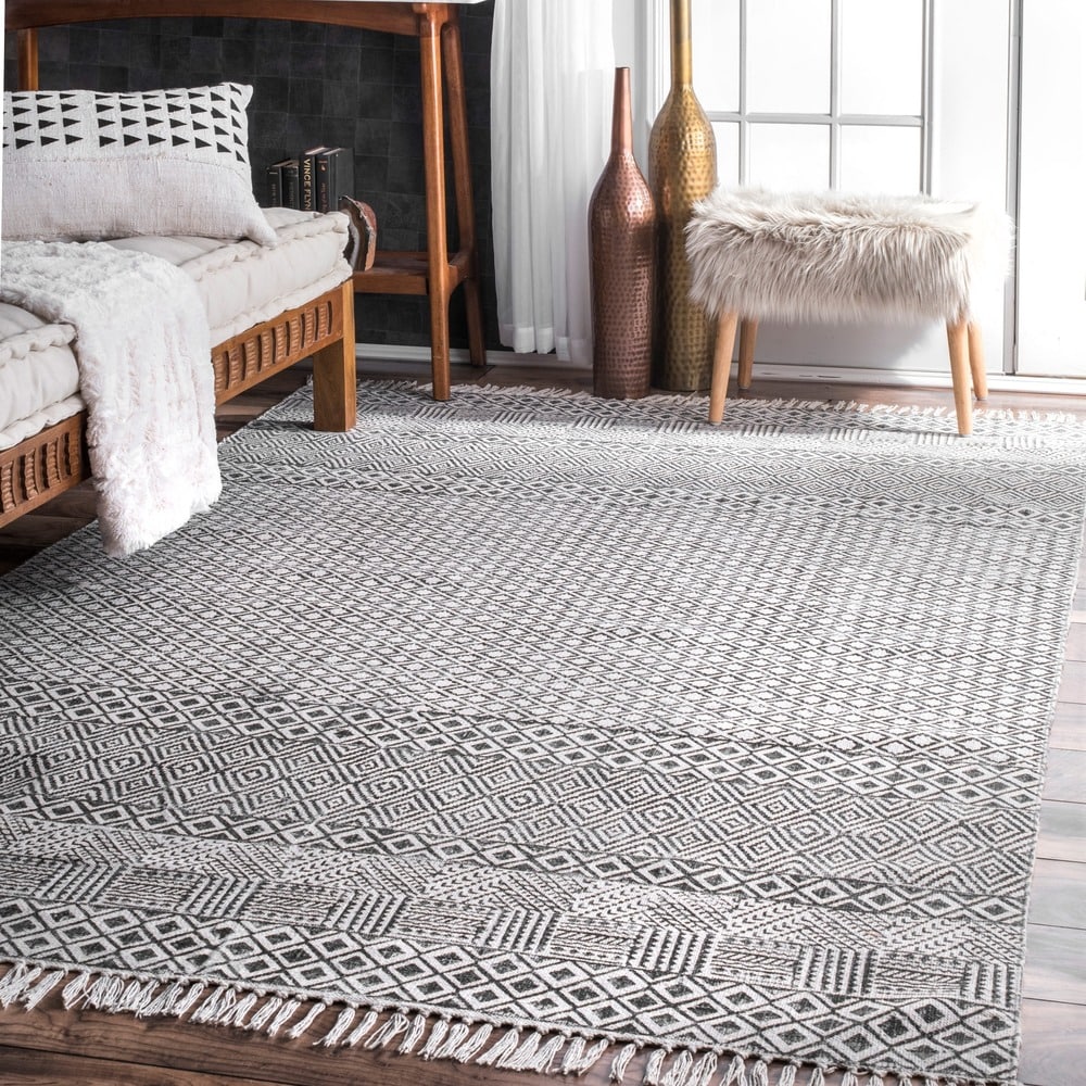 Strick Bolton Evans Handmade Flatweave Diamond Chain Cotton Fringe Grey Area Rug 5 X 8
