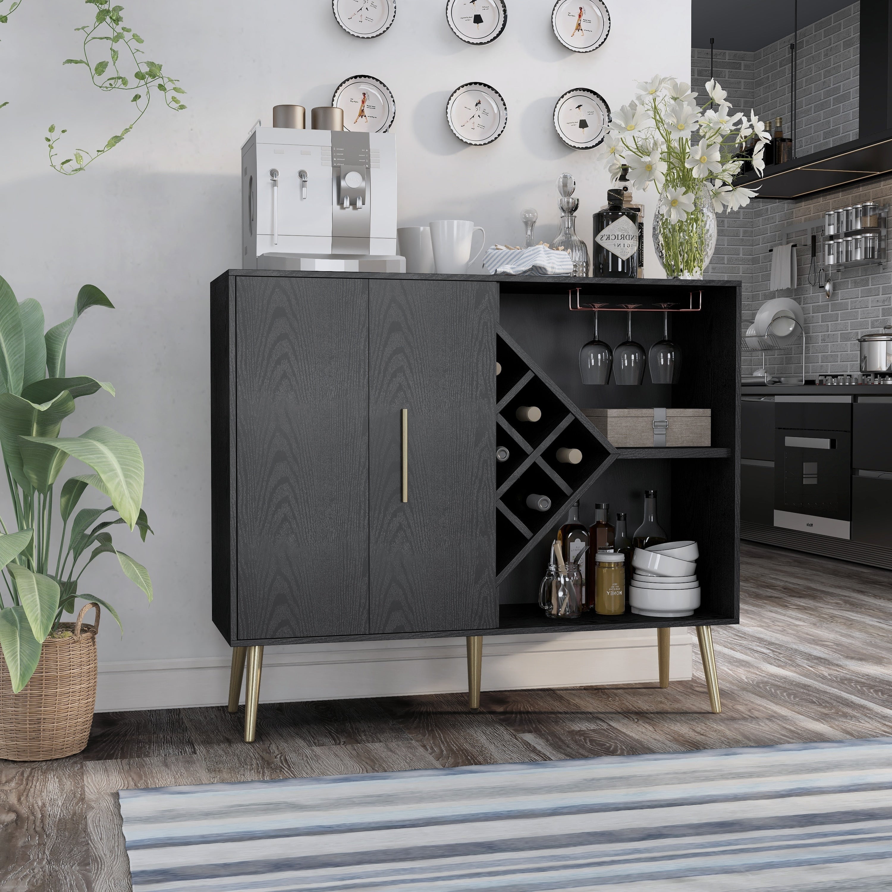 Furniture Of America Zeta Modern Black Storage Buffet With Wine Rack