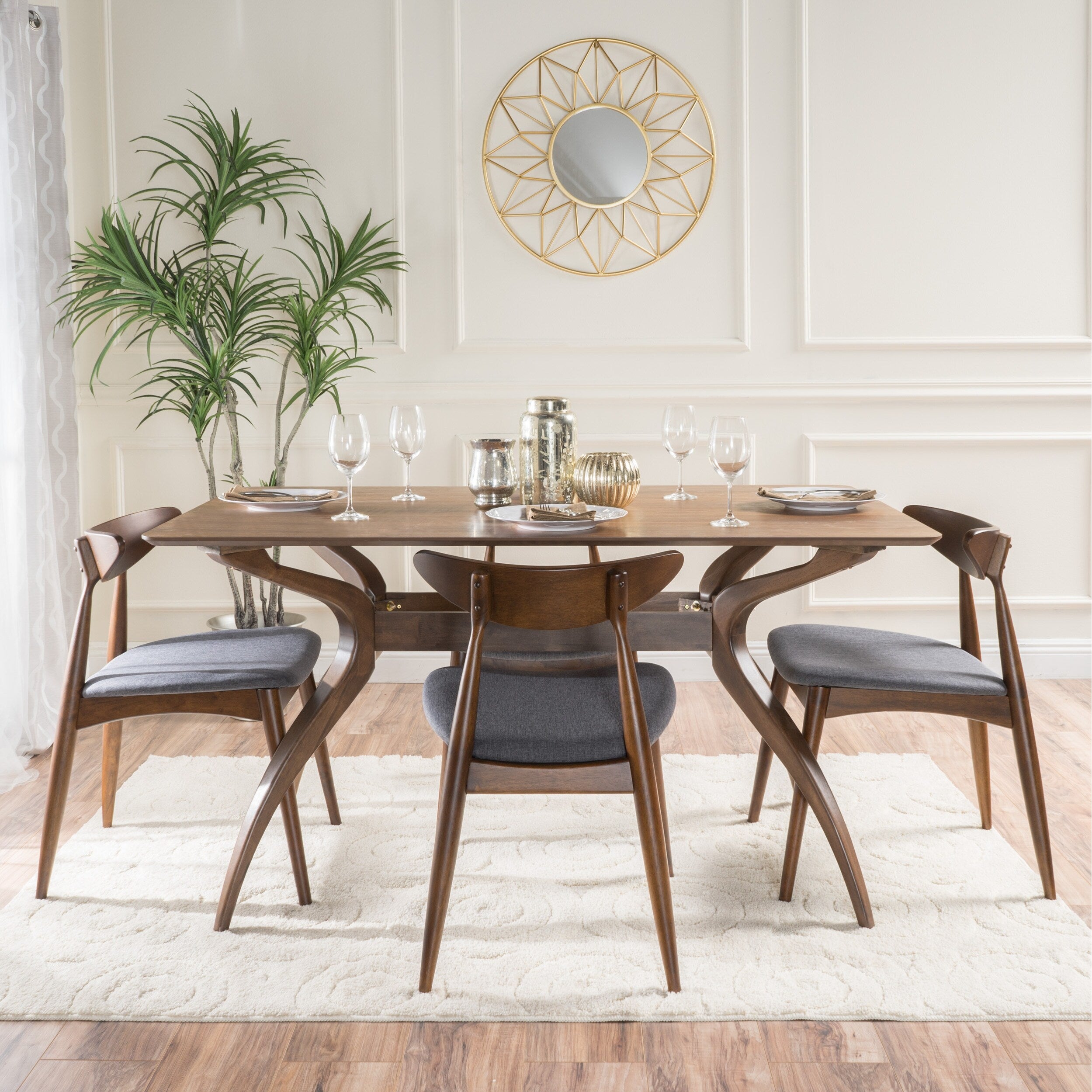 Carson Carrington Lund Mid Century 5 Piece Large Wood Rectangular Dining Set With Curved Legs