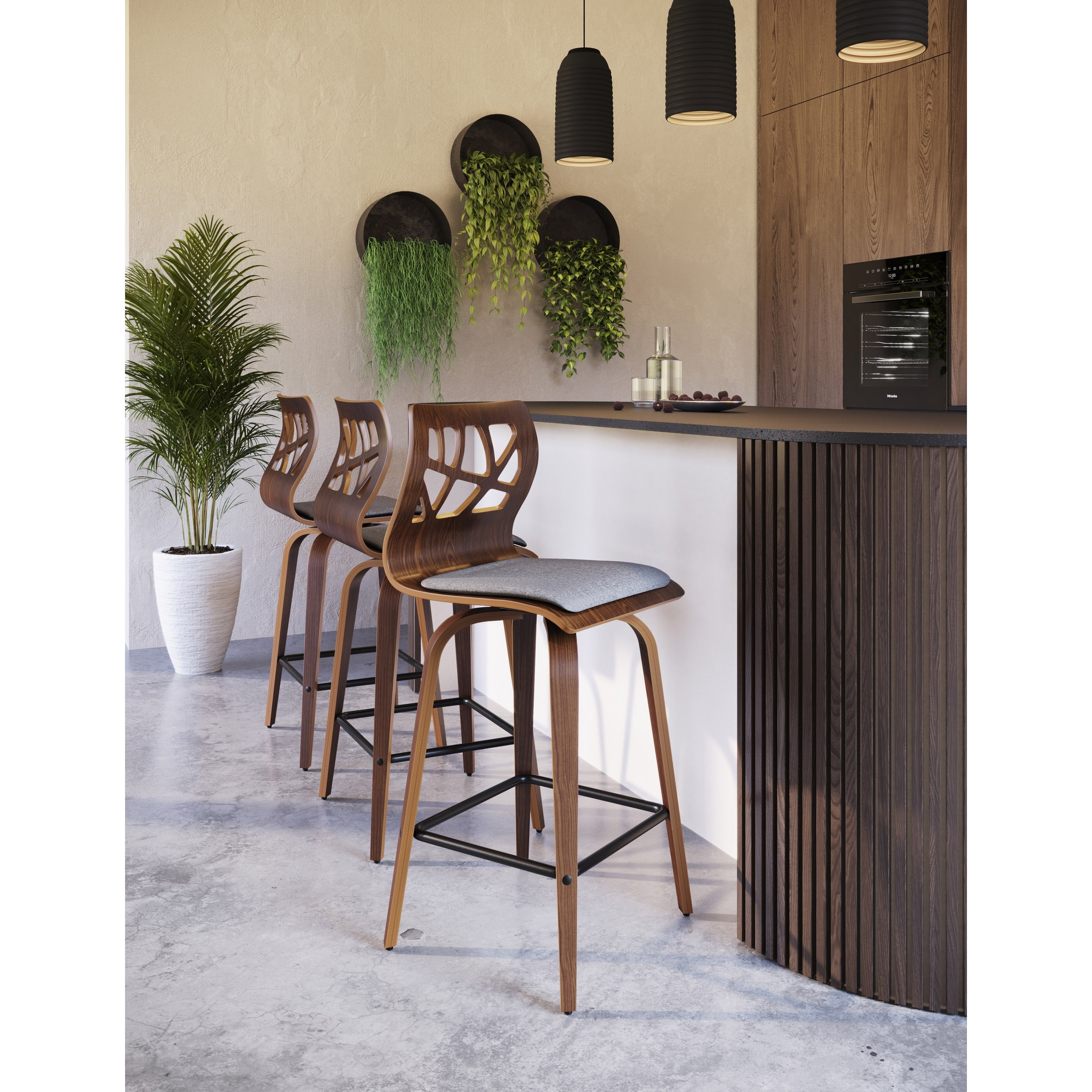 Folia Mid Century Modern Counter Stools In Walnut With Upholstered Seat Set Of 2