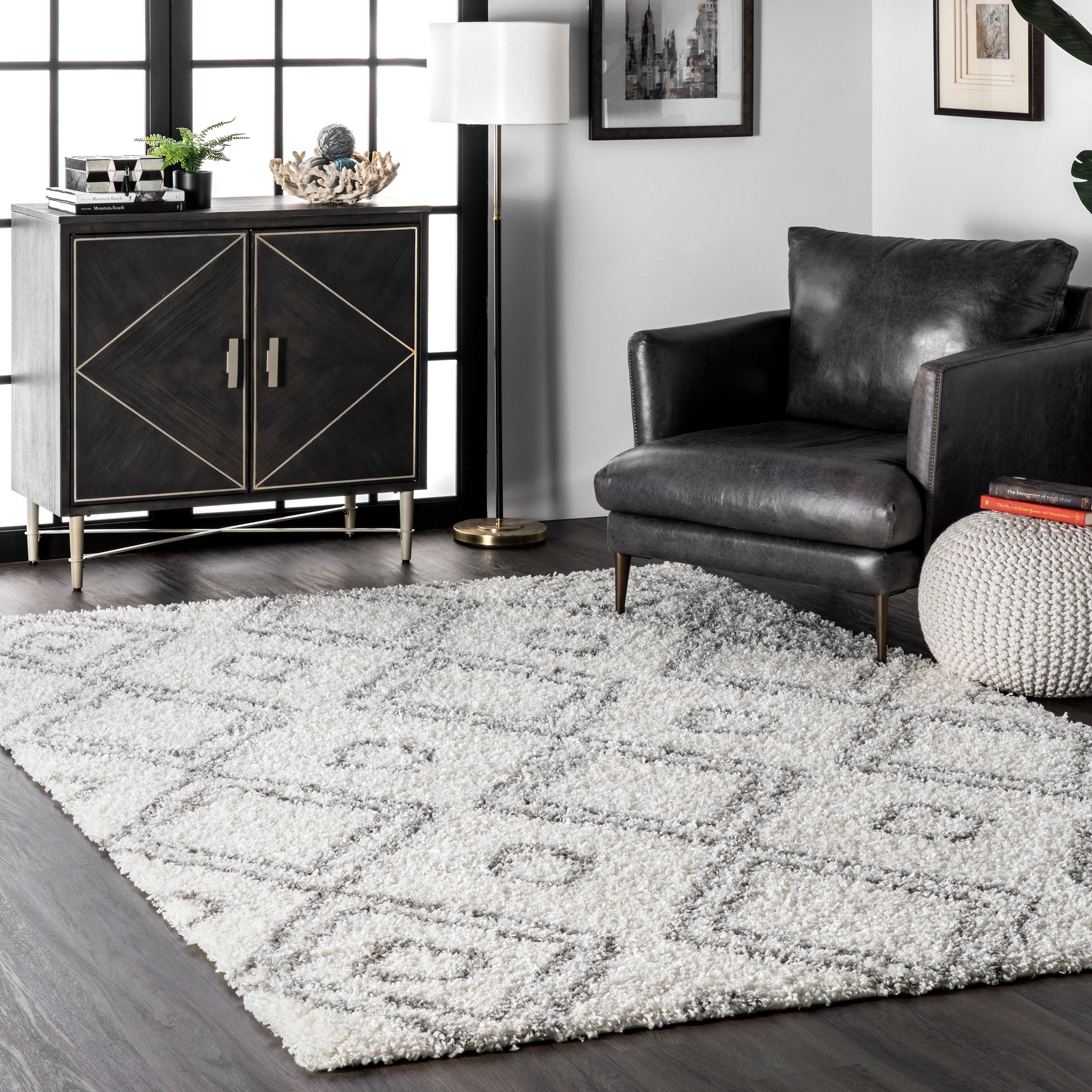 Palm Canyon Yorba Moroccan Trellis White And Grey Shag Rug 7 10 X 10