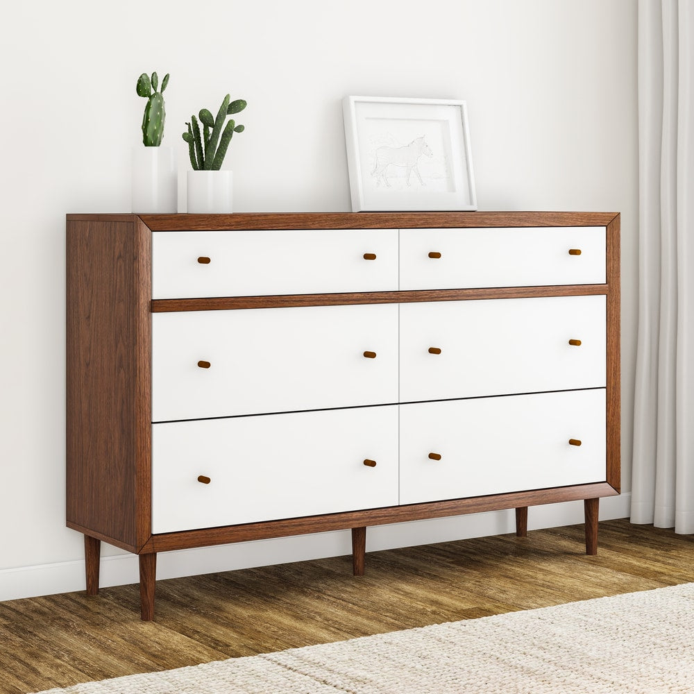 Carson Carrington Trollhattan Mid Century Modern White And Walnut Wood 6 Drawer Storage Dresser