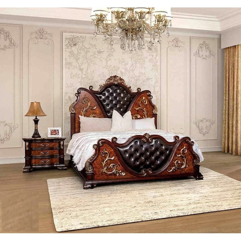 Carved Details 3Pc Bedroom Set Solid Wood Dark Cherry Finish Luxurious