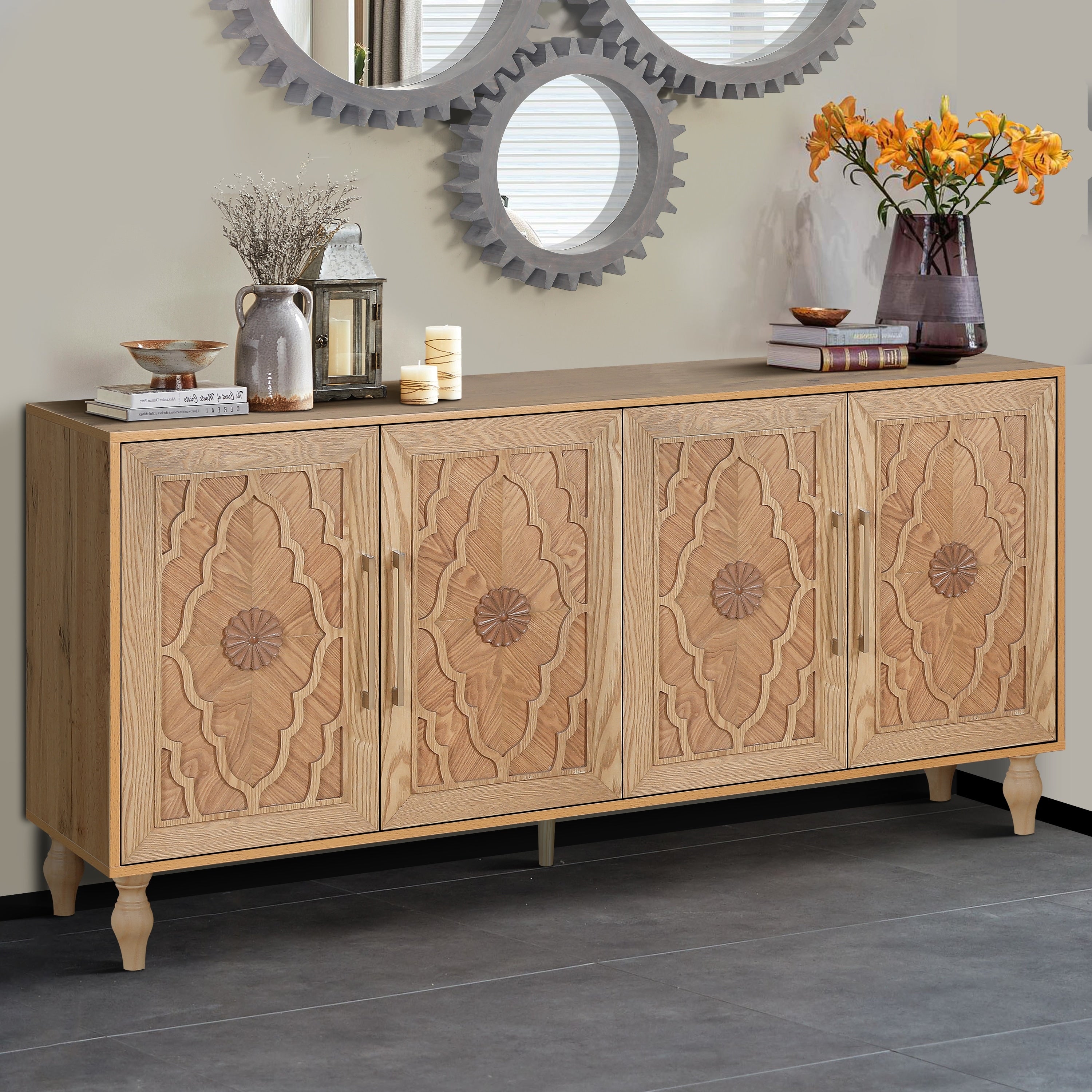 Carved Flower Door Large Storage Cabinet