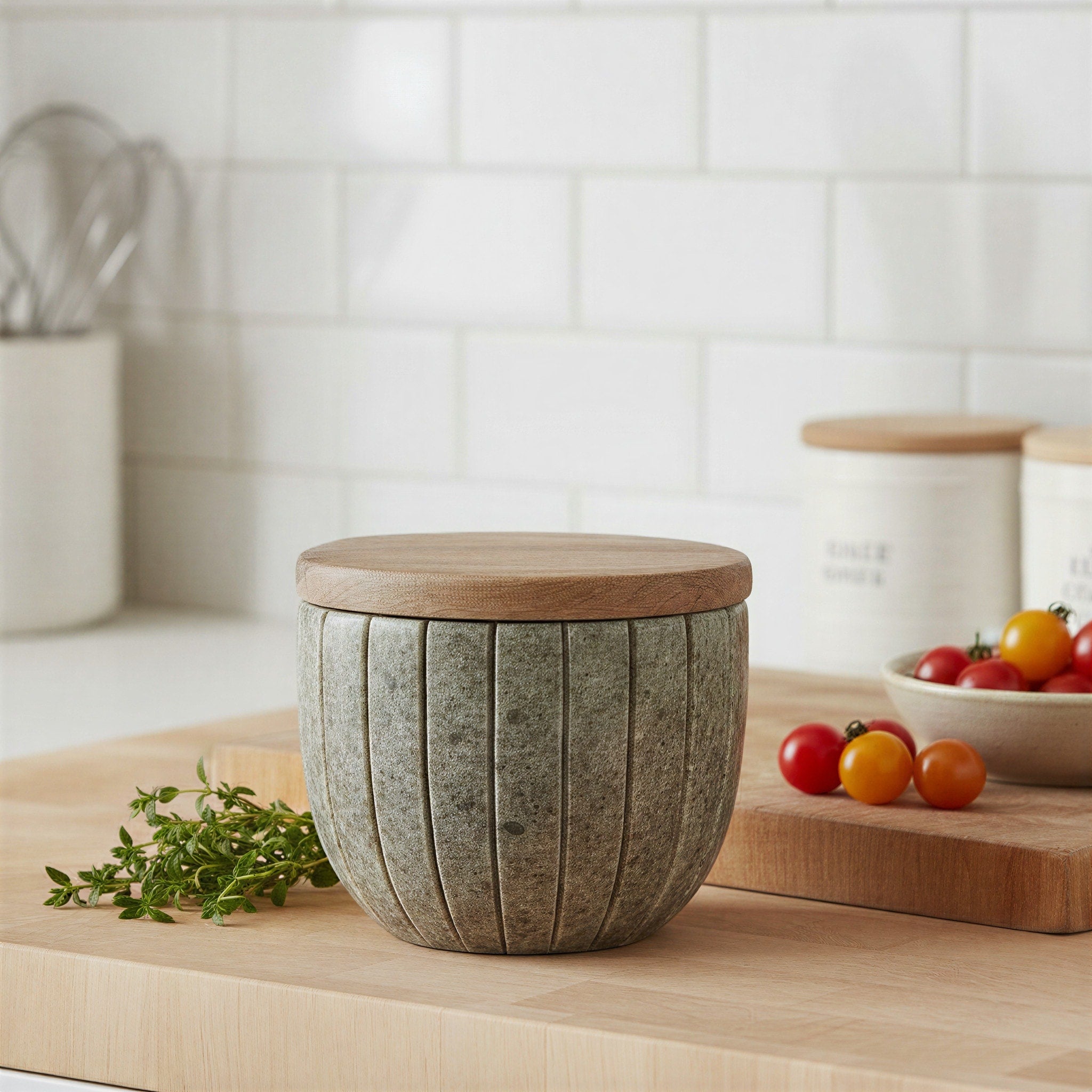 Carved Marble Container With Mango Wood Lid 4.0 L X 4.0 W X 3.5 H
