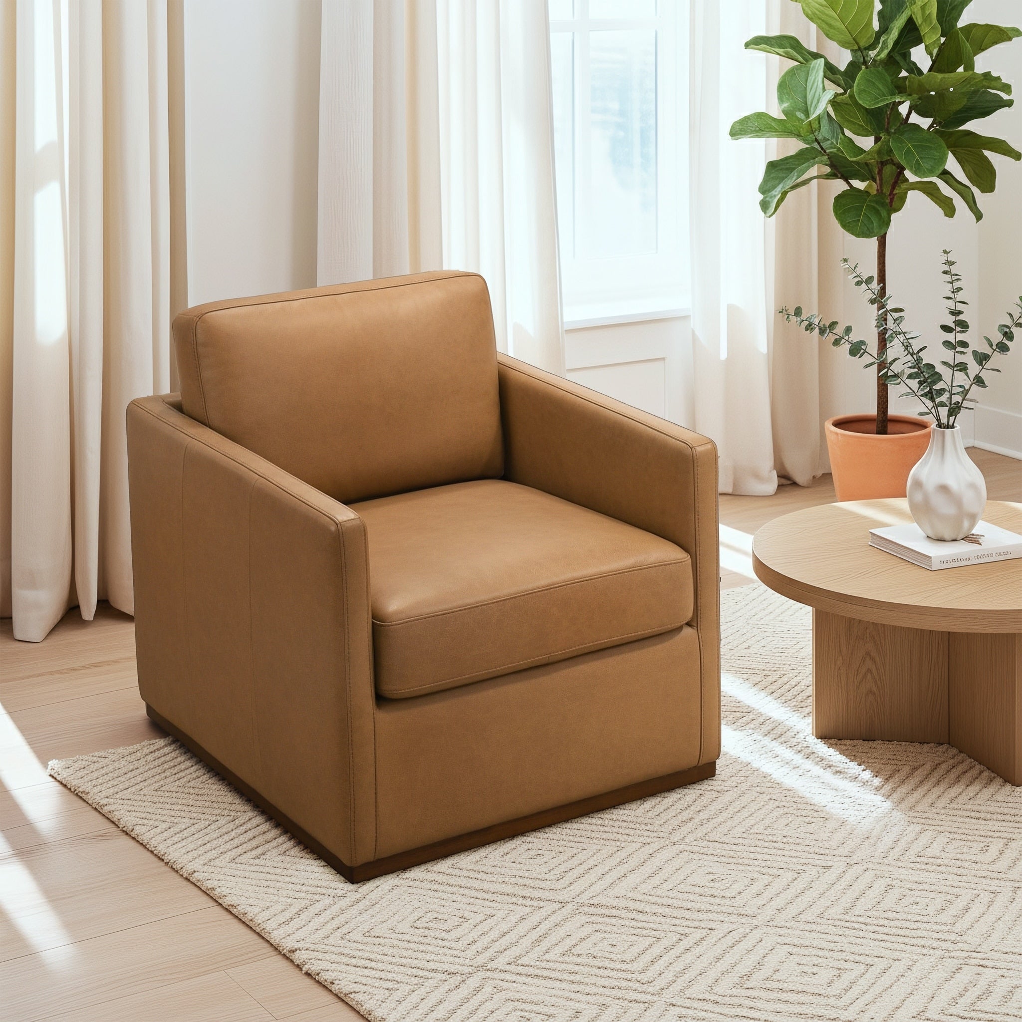 Cary Elegant Top Grain Leather Swivel Chair With Mid Century Modern Design