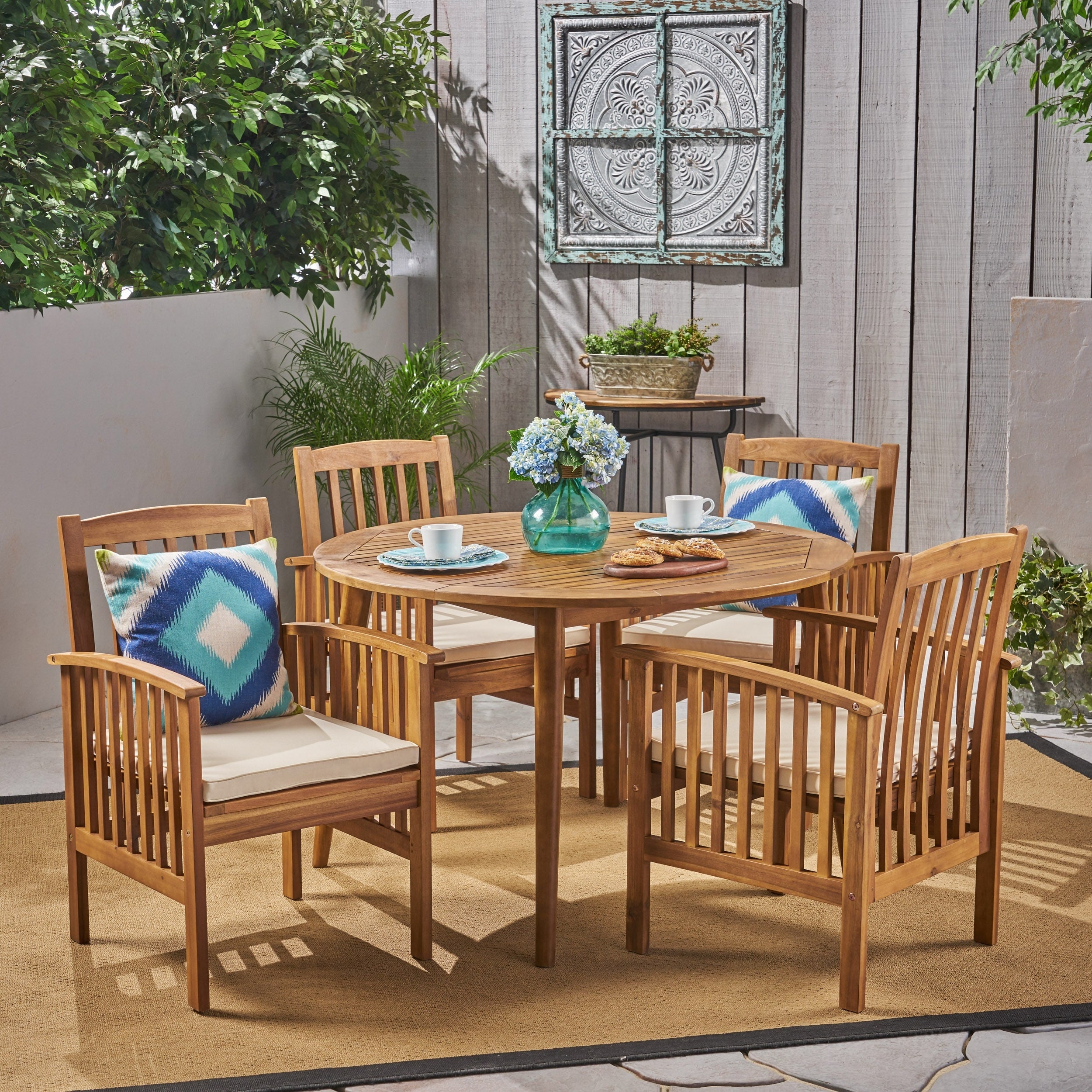 Casa Outdoor 4 Seater 47 Round Acacia Dining Set With Straight Legs By Christopher Knight Home