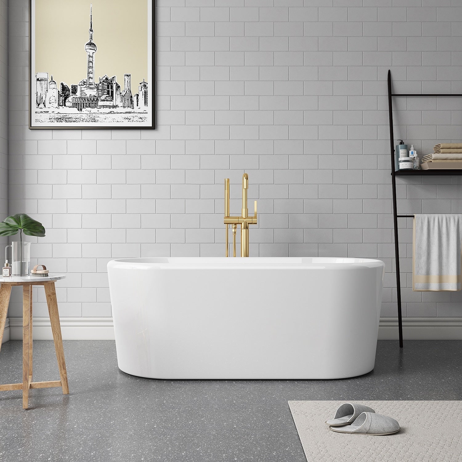 Vinnova Caserta White Acrylic 59 In. Freestanding Soaking Bathtub 59 Inches