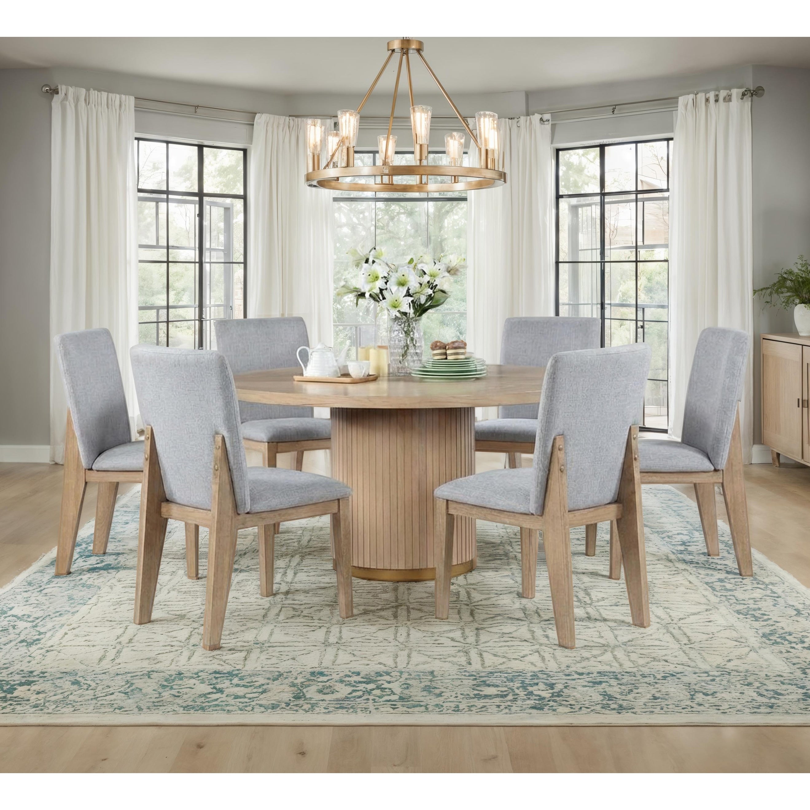 Caspian 7 Piece Dining Set With 59 Round Oak Finish Table 6 Gray Upholstered Dining Chairs
