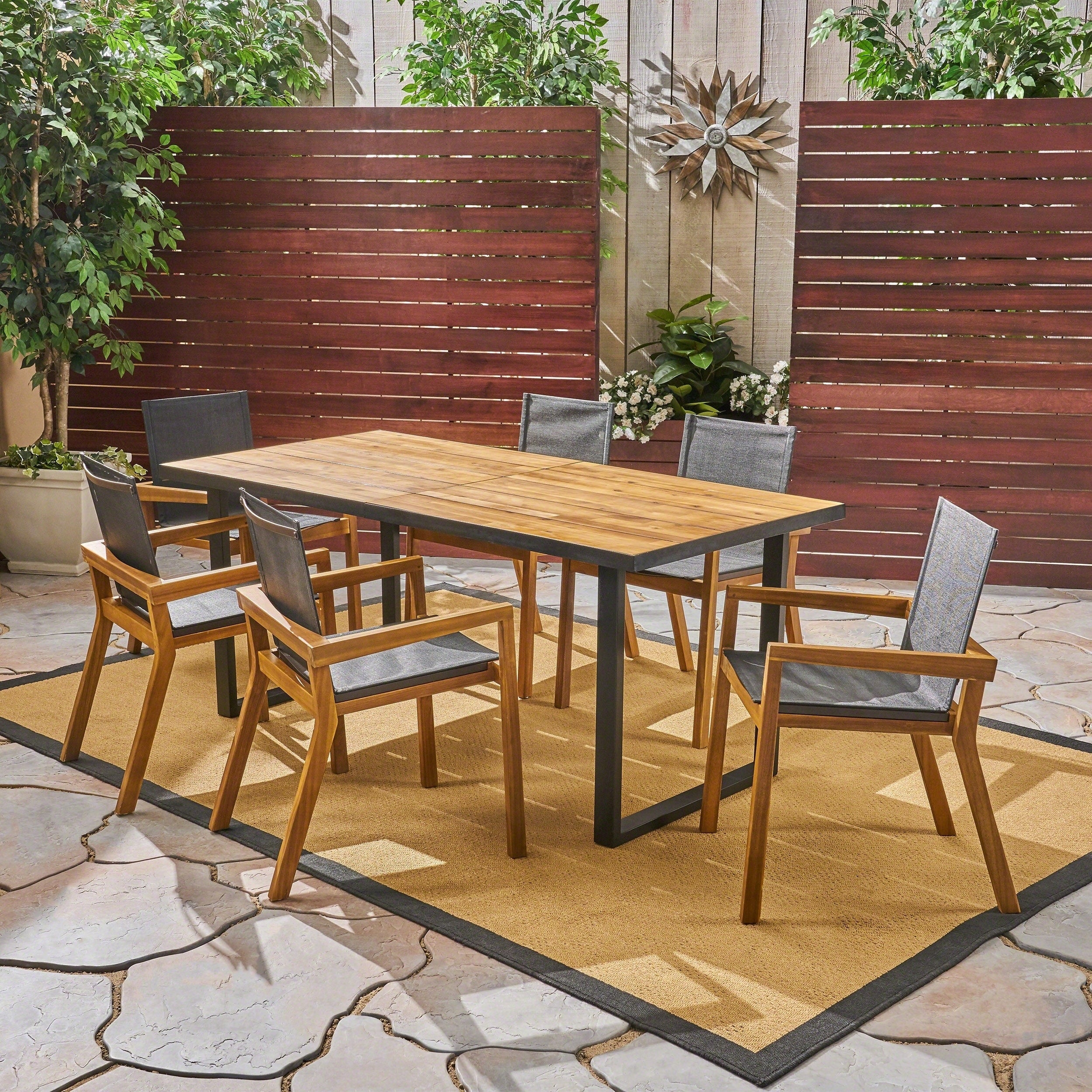 Castano Outdoor 6 Seater Rectangular Acacia Wood And Mesh Dining Set By Christopher Knight Home