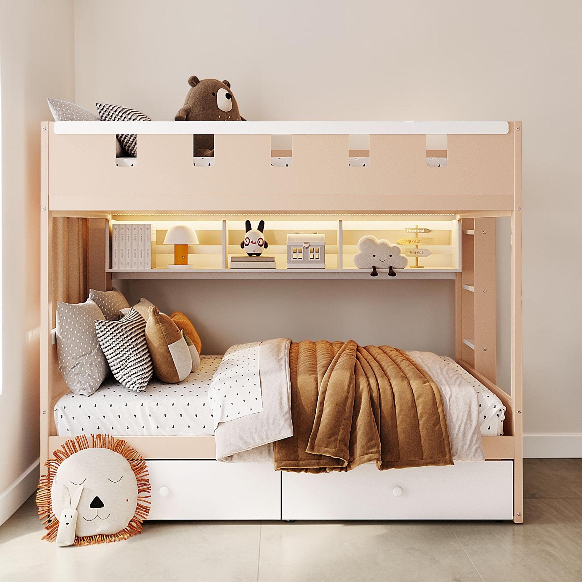Castle Bunk Bed With Led Light Storage Drawers And Shelf Wood Kids Bunk Bed Frame