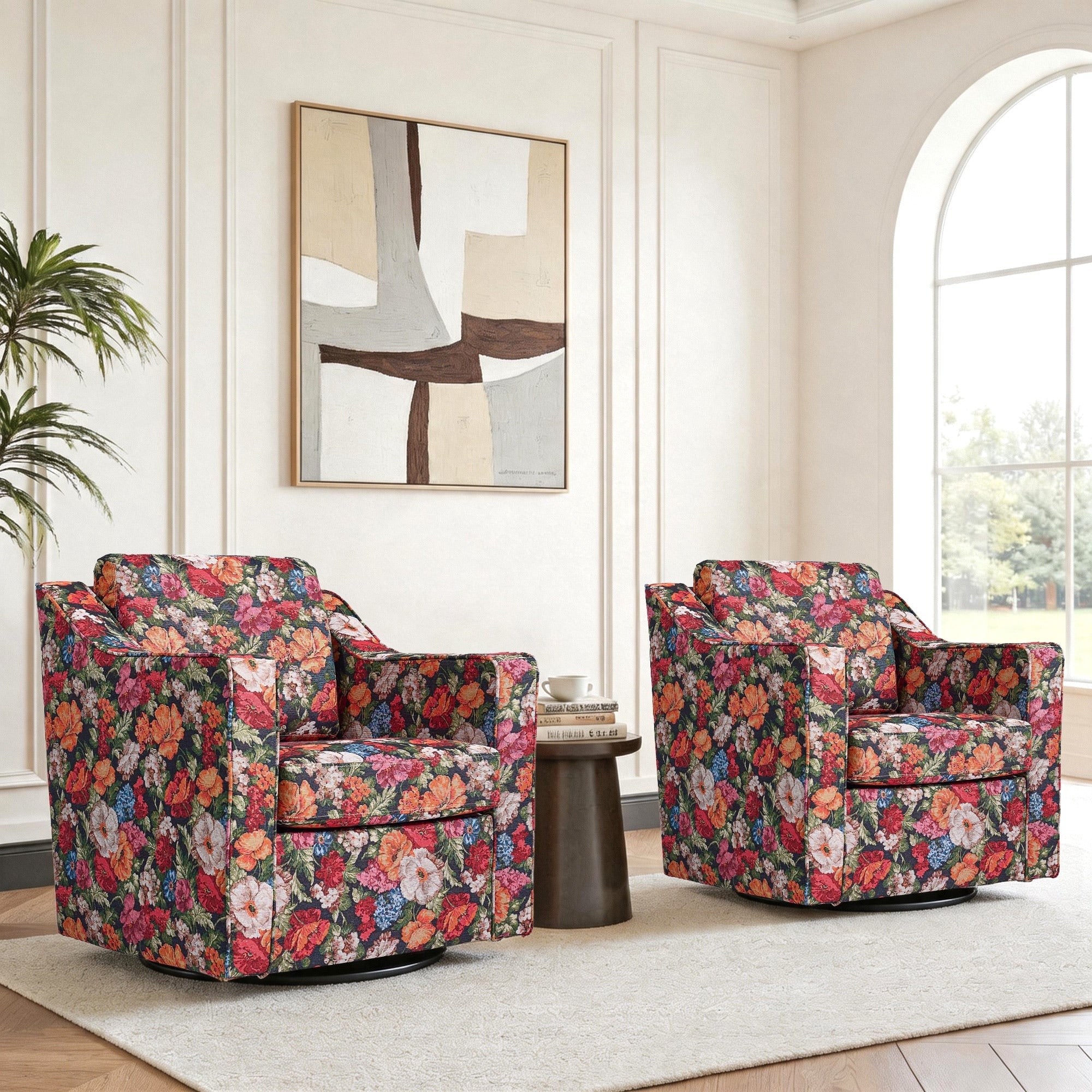 Casual Linen Swivel Upholstered Armchair Floral Striped Accent Chair Set Of 2