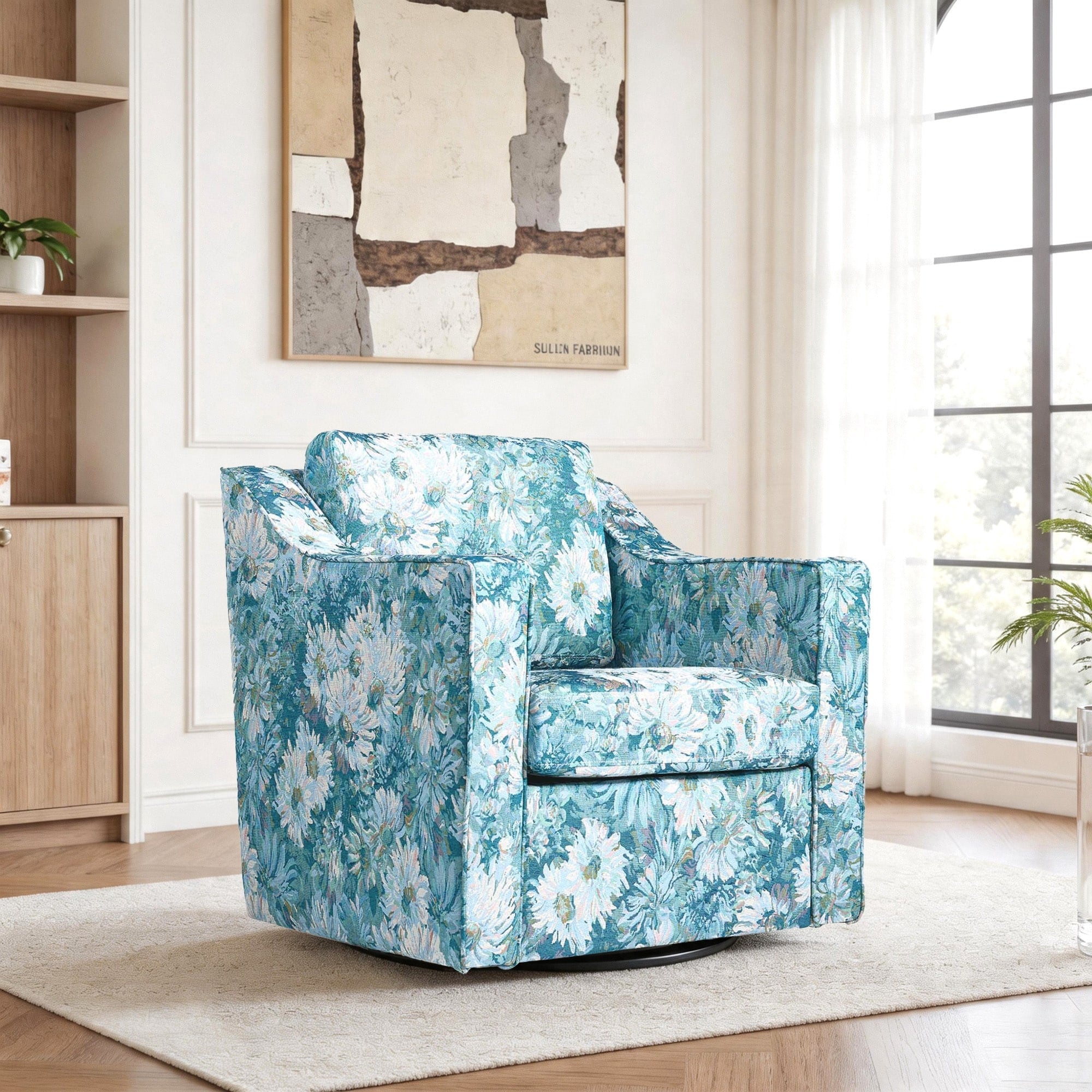 Casual Linen Swivel Upholstered Armchair Floral Striped Accent Chair