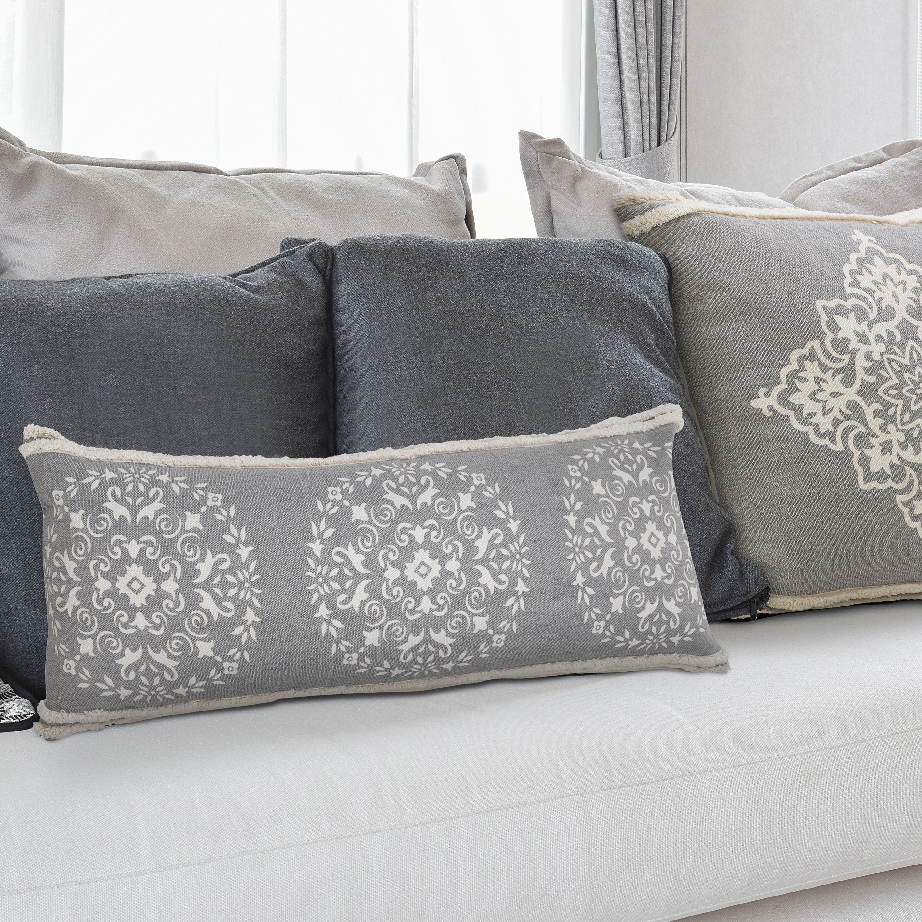 Casual Mandala Medallion Lumbar Pillow With Tufted Border