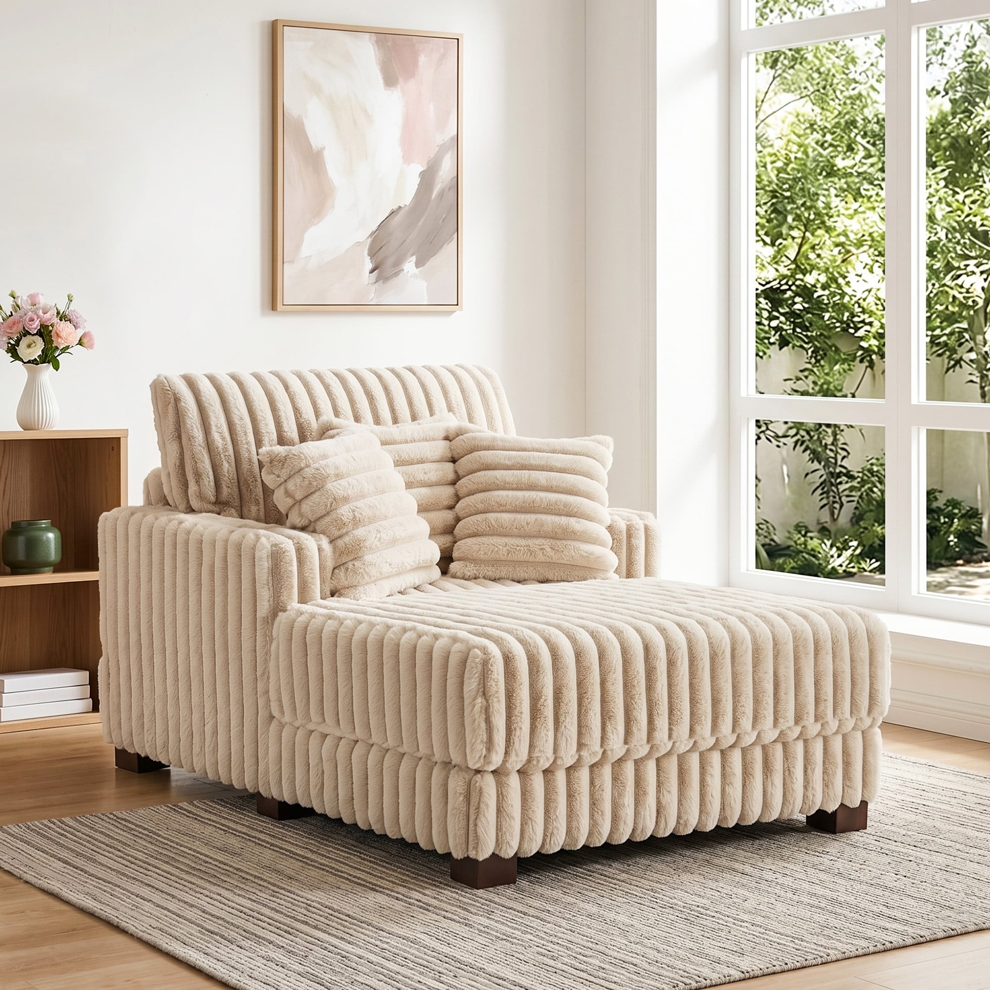 Casual Upholstered Flannel Corduroy Sofa Cup Holder Chaise With 3 Pillows