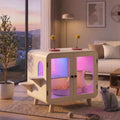 Cat Hidden Litter Box Enclosure With Light Stairs And Cat Pom Pom Toys Cat Cabinet With Litter Leak Walkway And Glass Doors
