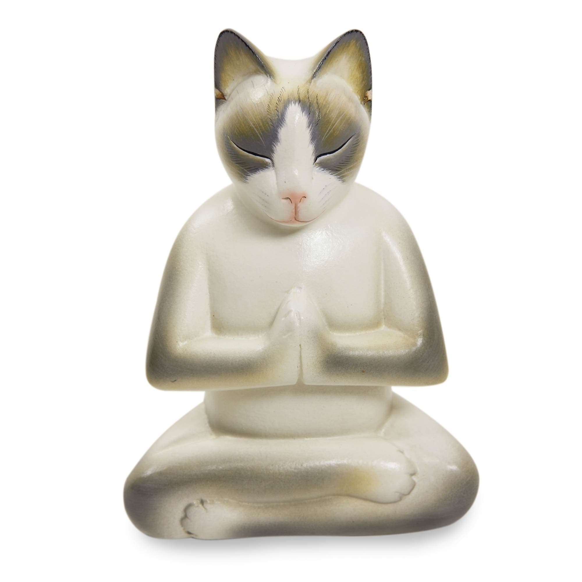 Cat In Meditation Handmade Kitten Kitty Prayer Zen Buddhist White Gray Feline Home Decor Desk Gift Wood Statuette Indonesia
