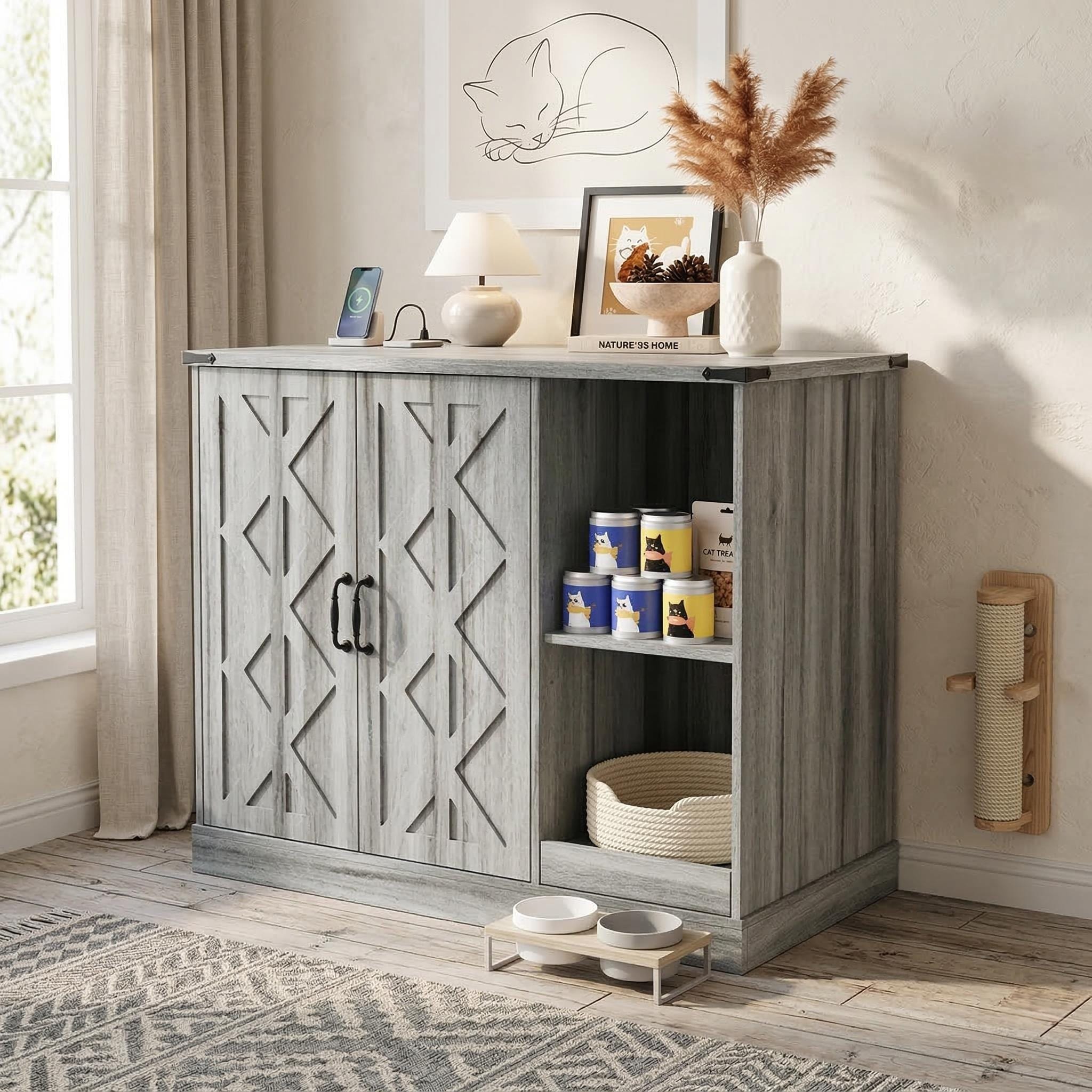 Cat Litter Box Cabinet With Power Outlet Box Furniture For Automatic Litter Boxes With Litter Catcher Adjustable Shelves