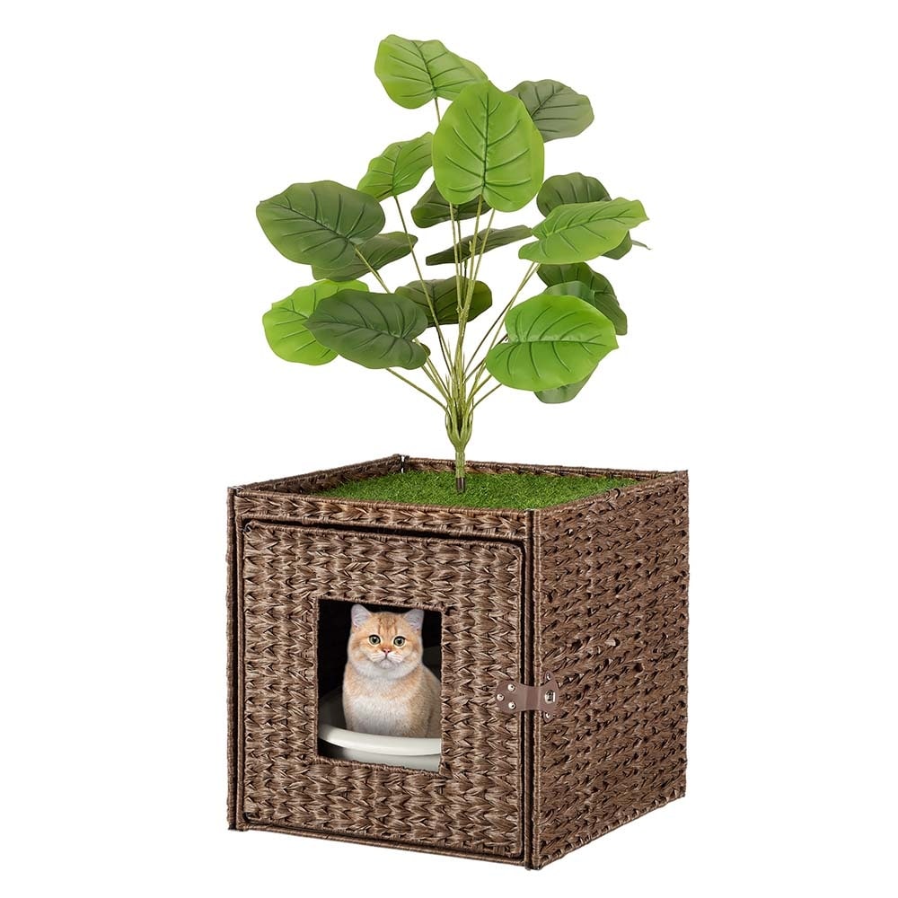 Cat Litter Box Enclosure With Faux Plant And Litter Mat Hidden Handwoven Rattan Planter Cat House Furniture