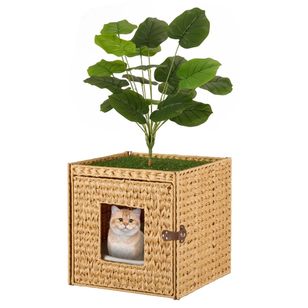 Cat Litter Box Enclosure With Faux Plant And Litter Mat Hidden Handwoven Rattan Planter Cat House Furniture