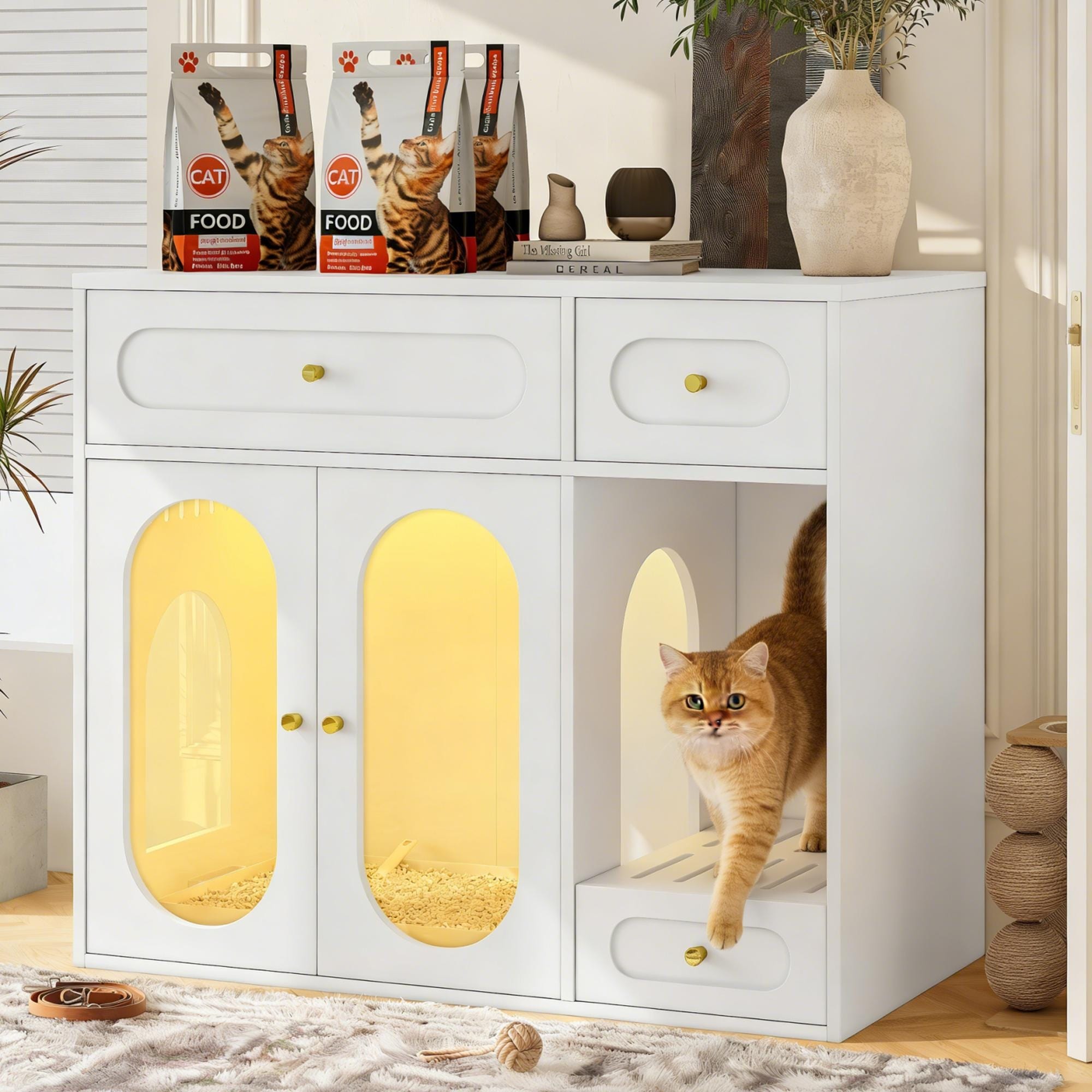Cat Litter Box Enclosure With Led Light Hidden Litter Box Furniture With Storage Drawers Indoor Pet House With Acrylic Doors