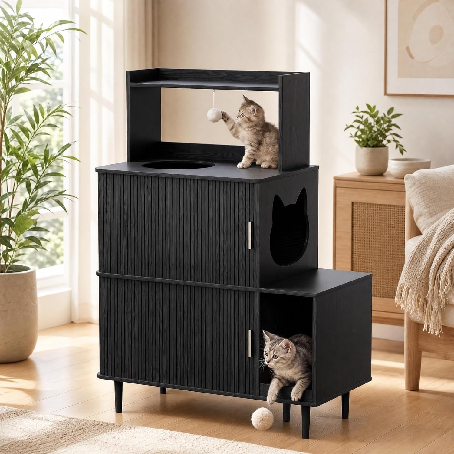 Cat Litter Box Enclosure With Sliding Door Large 3 Tiers Wood Cat House With Cat Scratch Pad And 2 Dangling Plush Balls