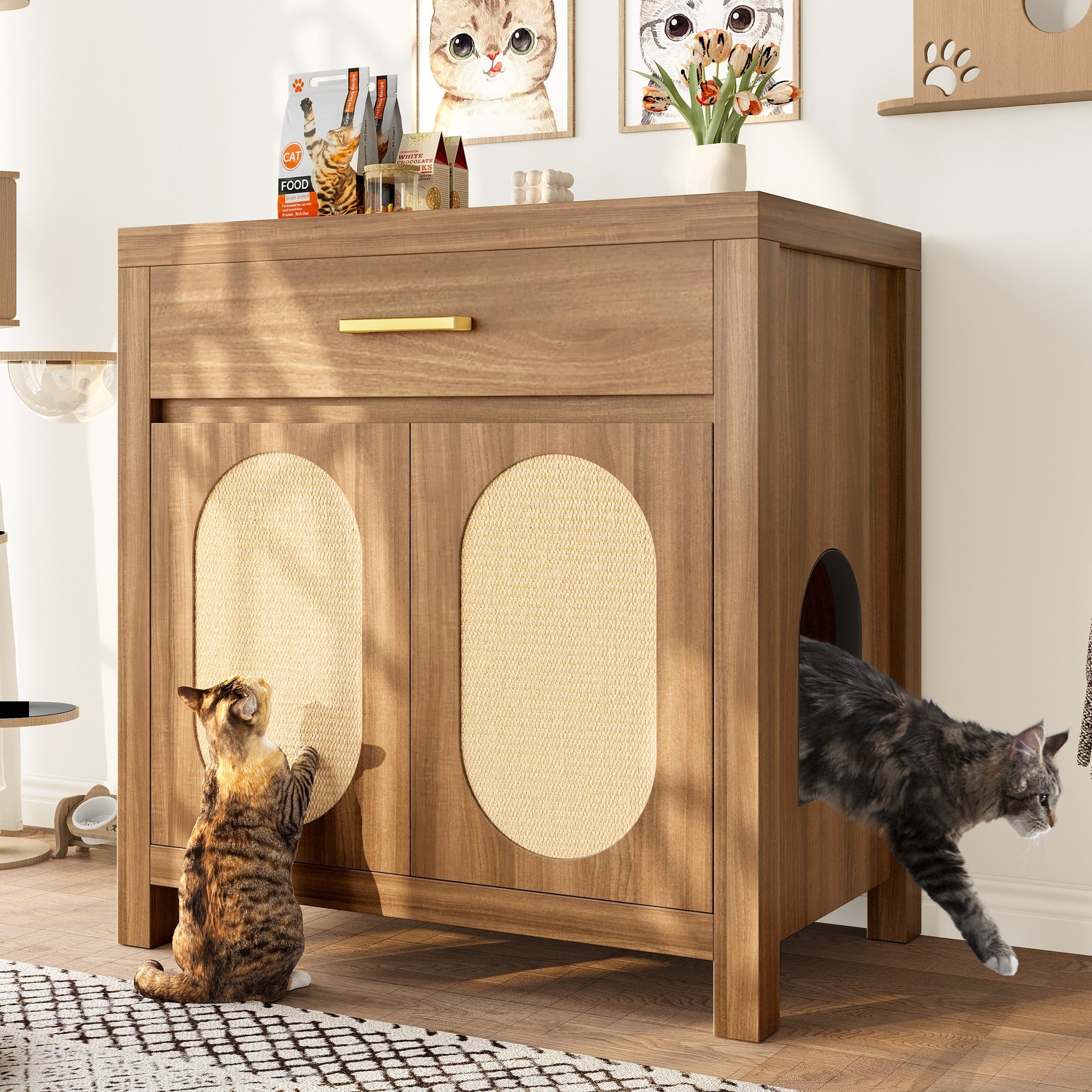 Cat Litter Box Enclosure Hidden Cat Litter Box Furniture With Scratching Board Doors And Storage Drawer