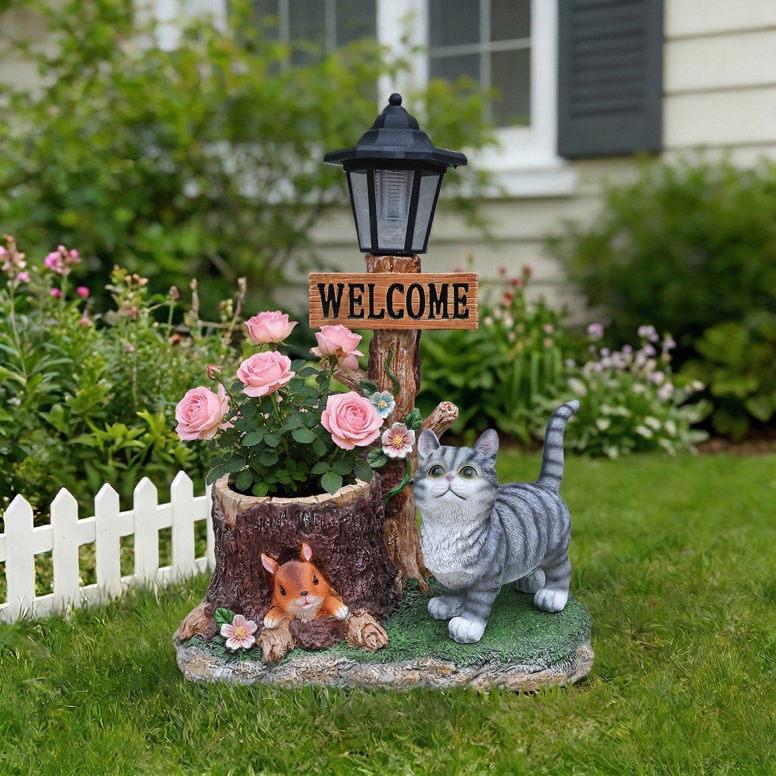 Cat Solar Planter Outdoor Garden Statue For Outdoor Decor Weather Resistant