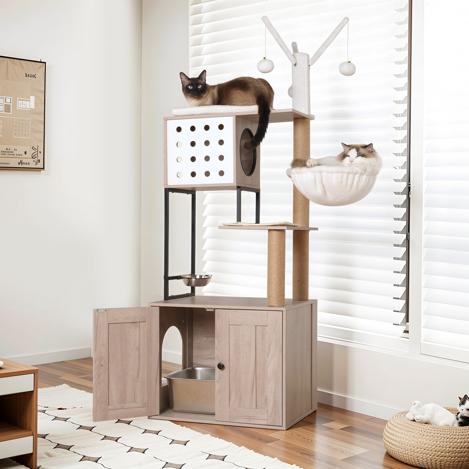 Cat Tree With Litter Box Enclosure Modern Cat Condo With Scratching Posts Feeding Bowl Removable Pompom Sticks Gray