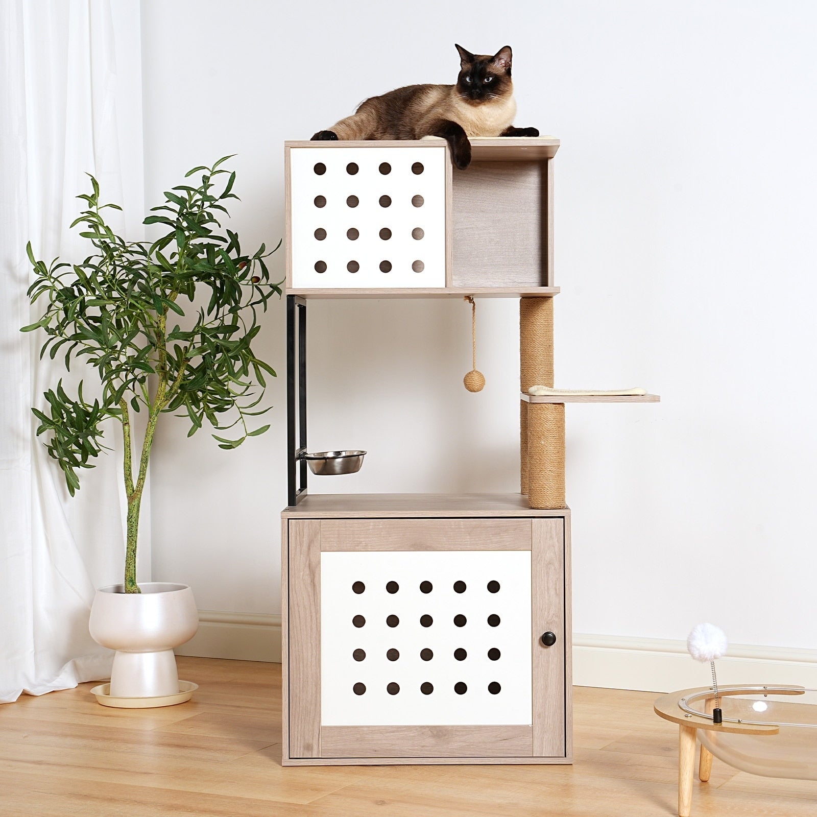 Cat Tree With Litter Box Enclosure All In One Cat Tower For Indoor Cats With Large Hammock Bed Food Station Scratching Posts