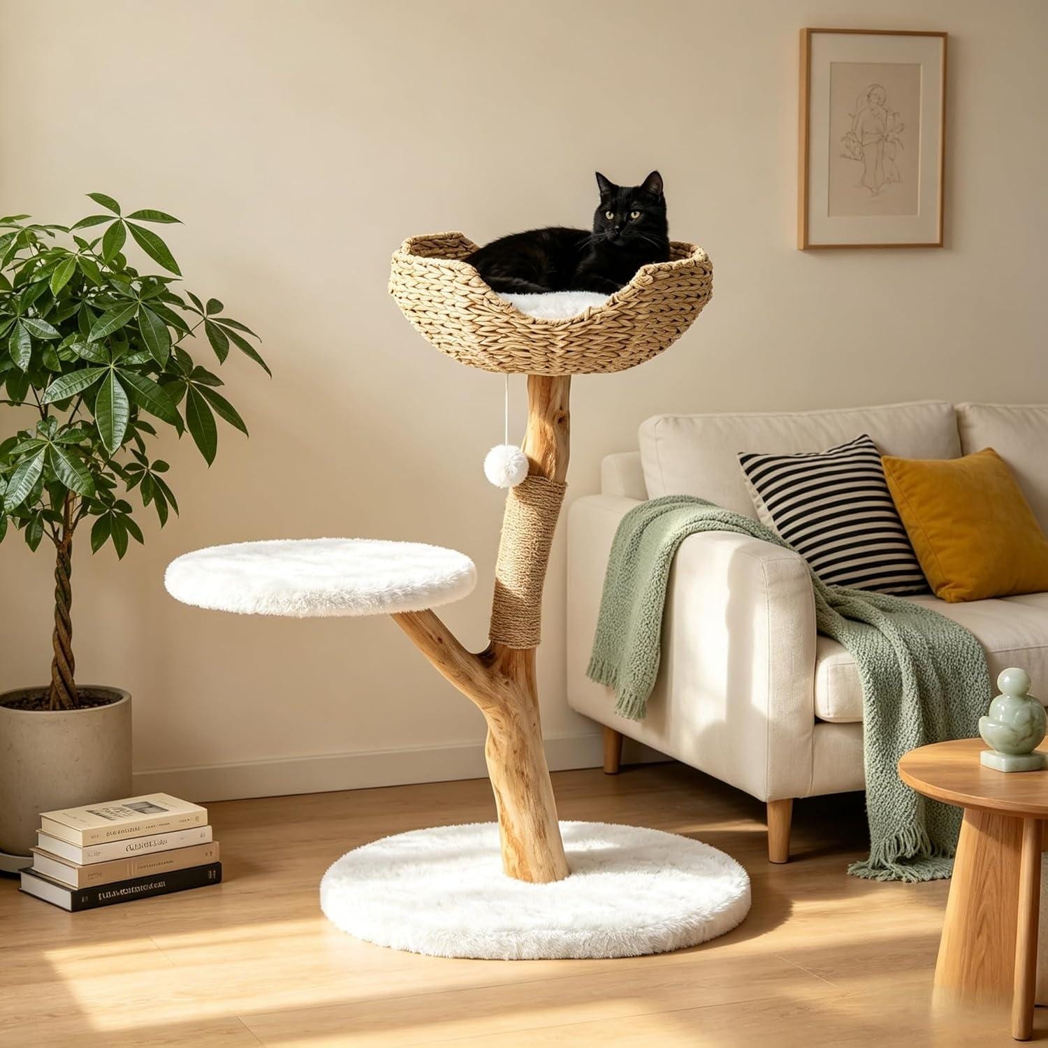 Cat Tree With Real Branch Design Solid Wood Boho Cat Tower
