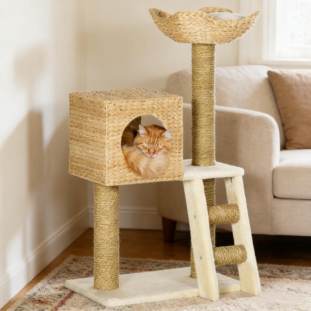 Cat Tree Cattail Weave Cat Tree For Indoor Cats Tower Soft And Plush While Featuring Double Cushions In Basket Bed