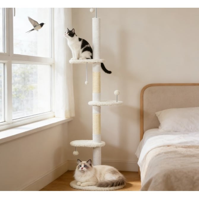 Cat Tree Floor To Ceiling Cat Tree Soft And Plush While Featuring Double Cushions In Basket Bed White
