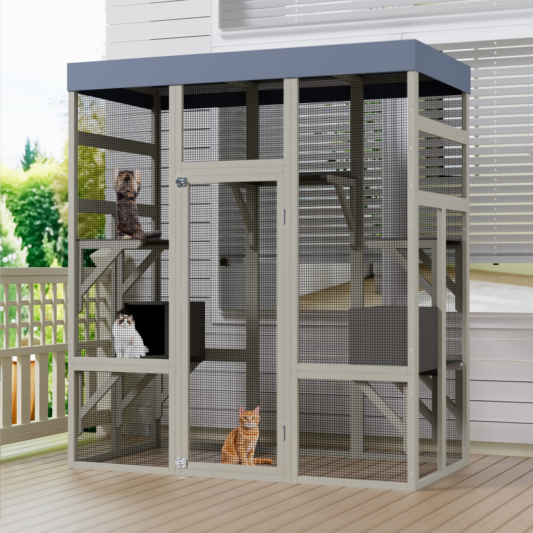 Catio Enclosure Outdoor Wooden Indoor Cat House With Waterproof Roof Wood Cage Playpen With Rust Proof Wire 2 Napping House