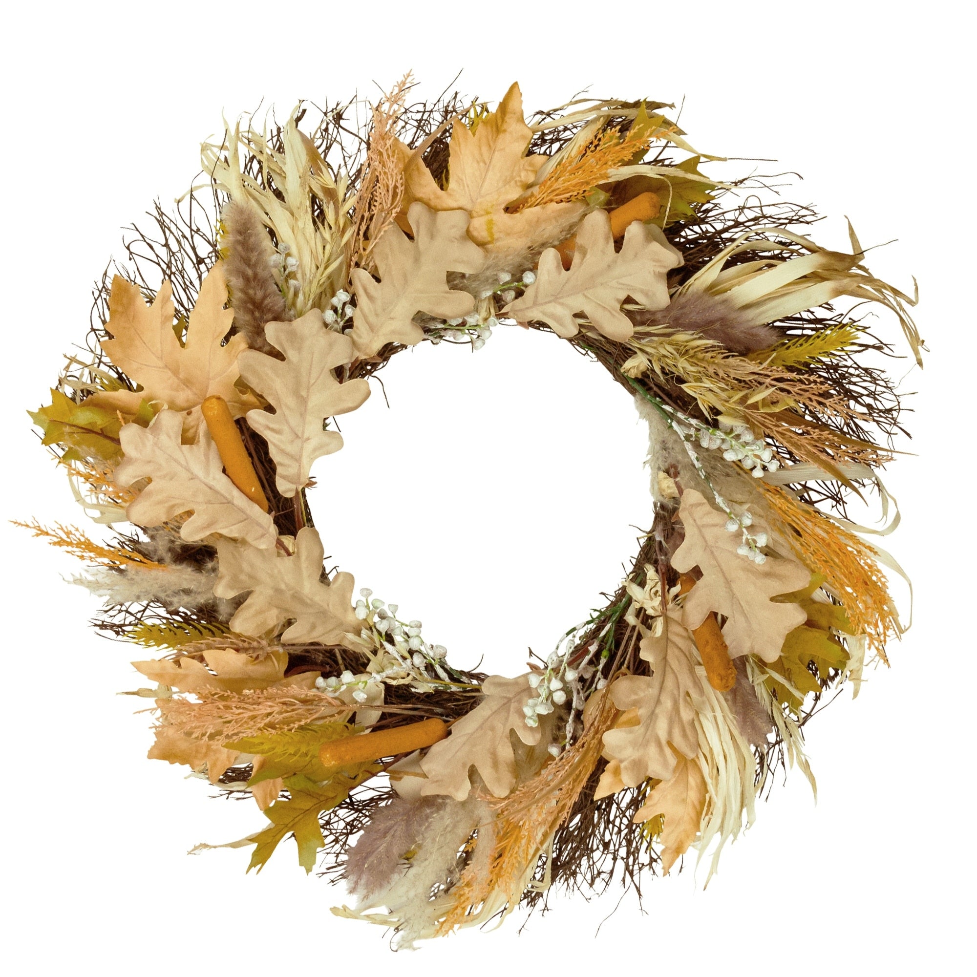 24 Autumn Harvest Cattail And Wheat Artificial Thanksgiving Wreath Unlit