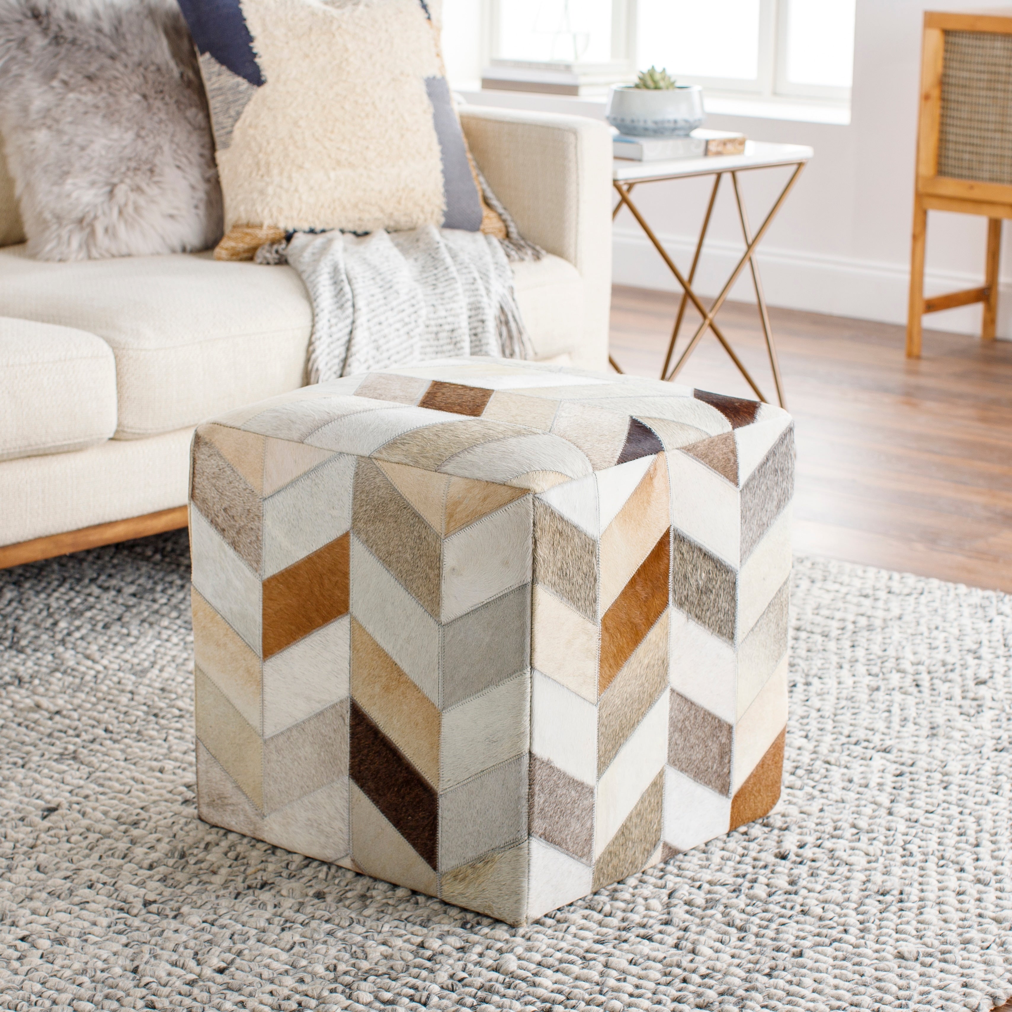 Cattle Range 18 Inch Leather Cowhide Cube Pouf Ottoman