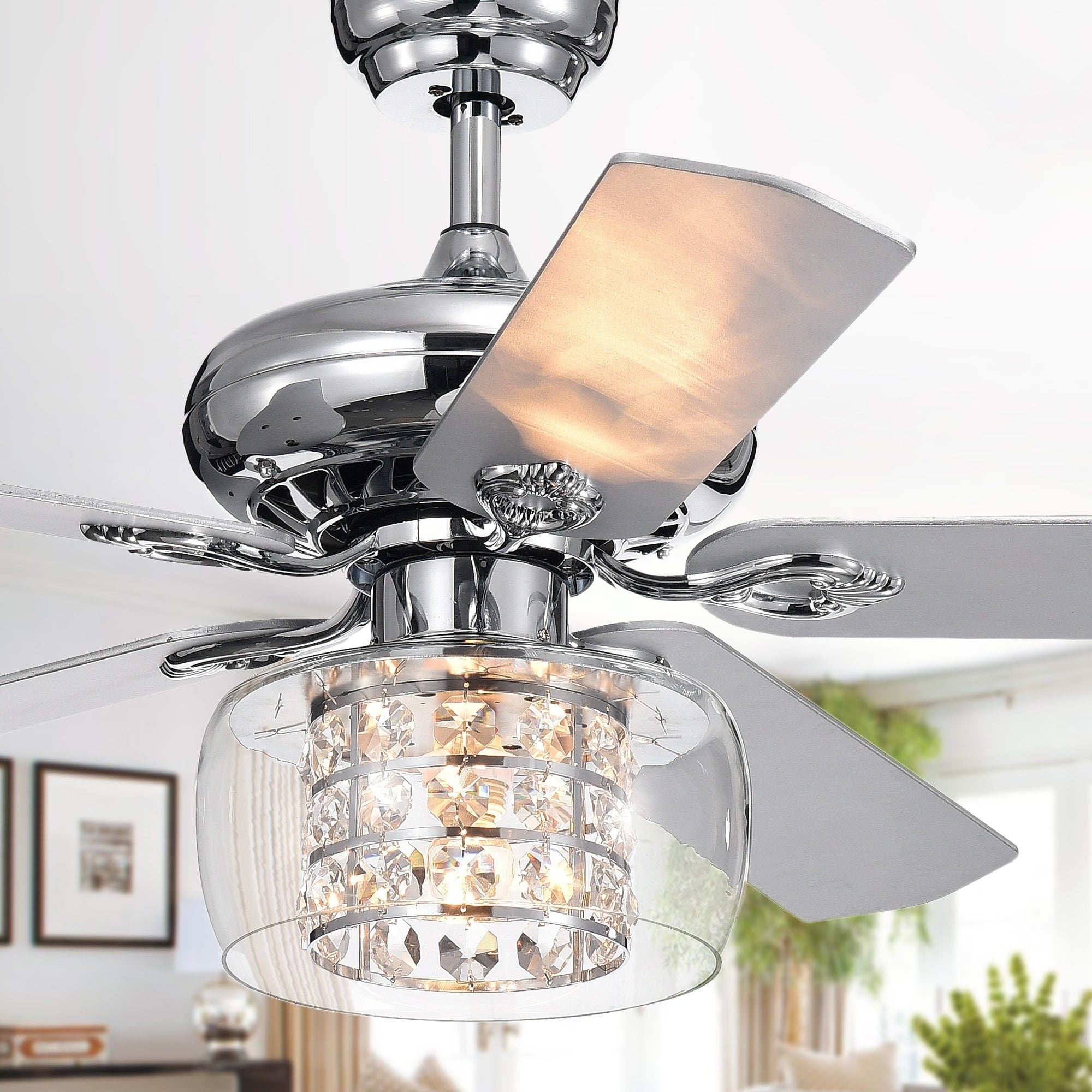 Cayten 5 Blade 52 Inch Chrome Lighted Ceiling Fans With Crystal Shade Remote Controlled
