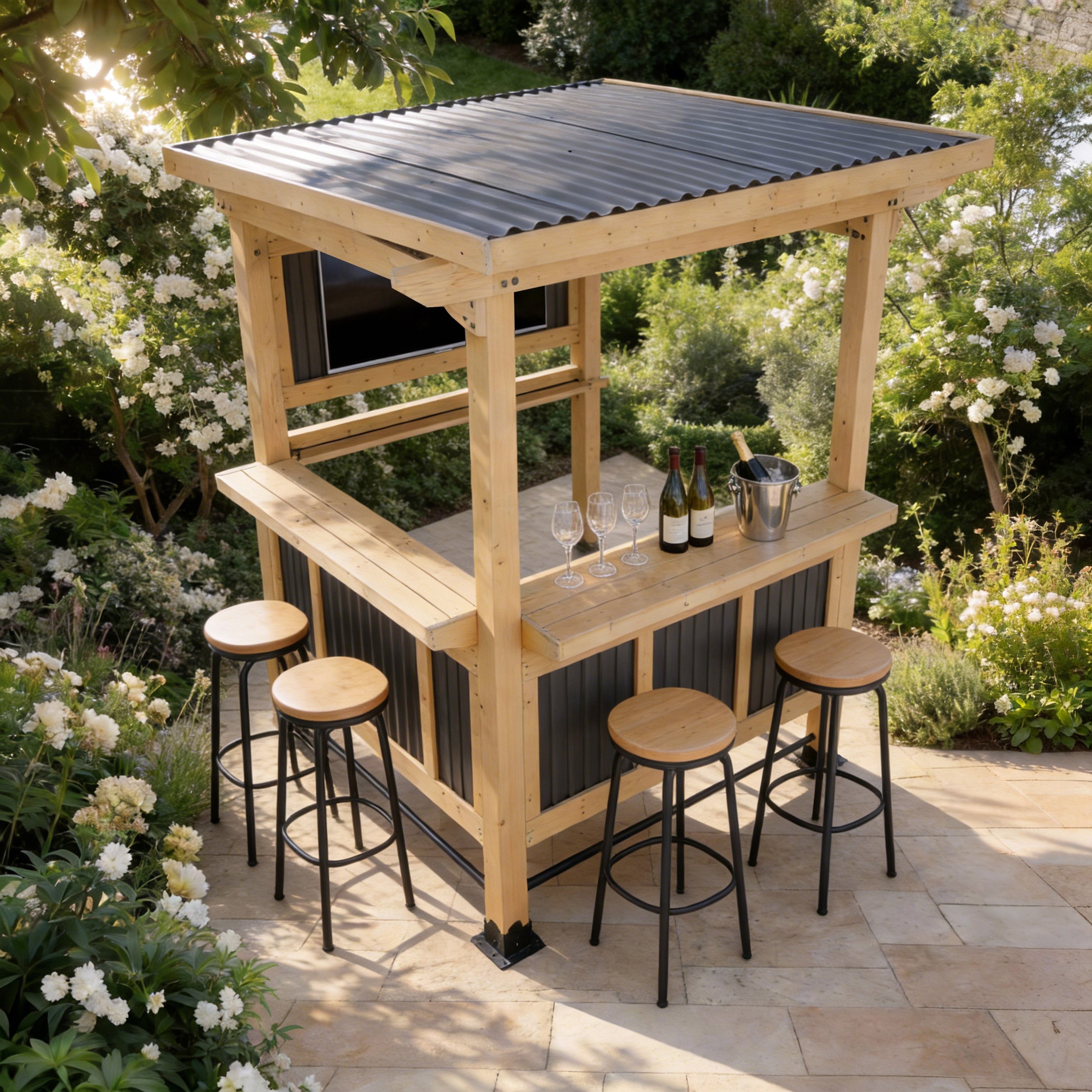 Cedar Wood Outdoor Bar Gazebo With Pvc Roof 85 X 76 Backyard Pavilion With Tv Mount Double Bar Counte