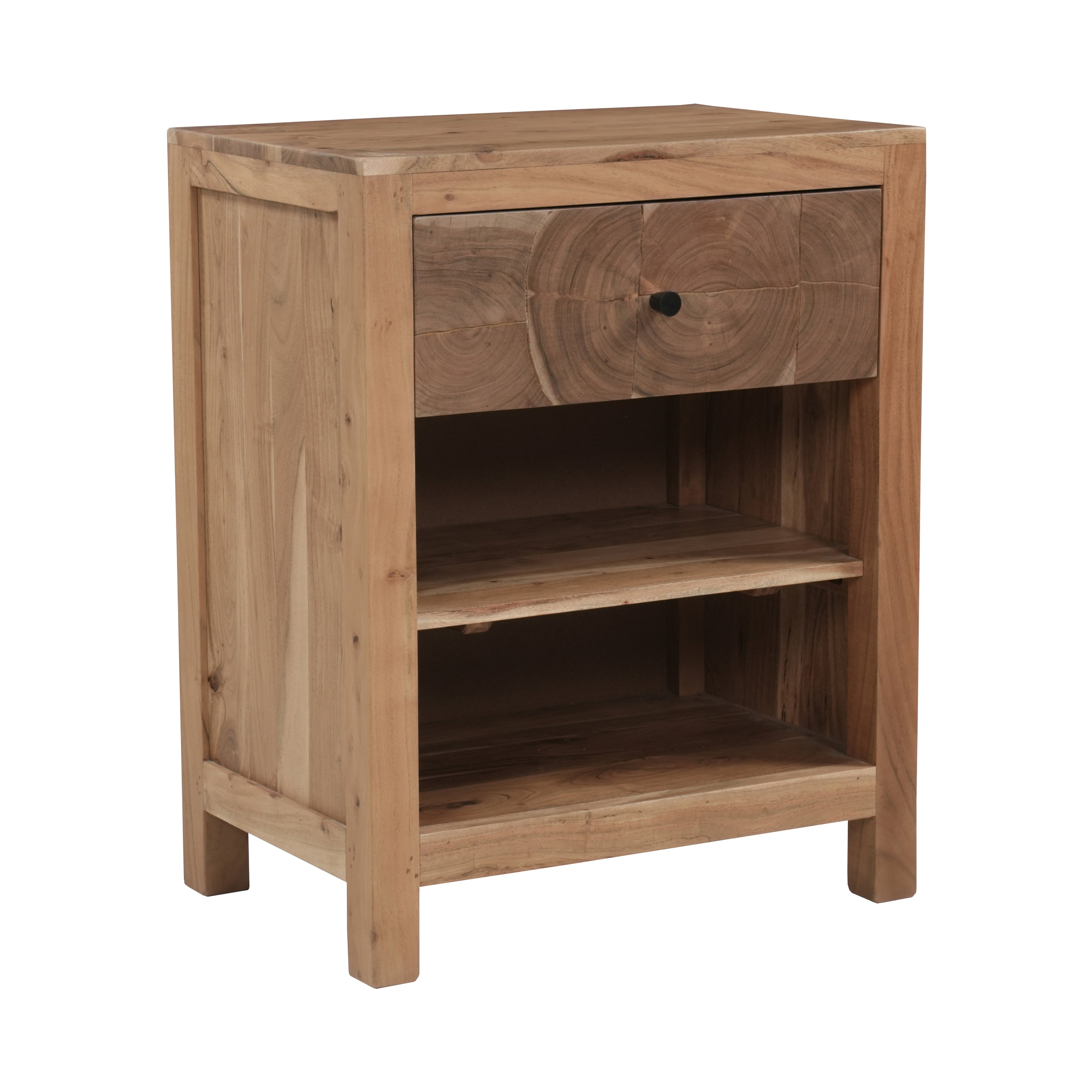 Cedric Solid Acacia Wood Nightstand With Live Edge Drawer Open Shelf