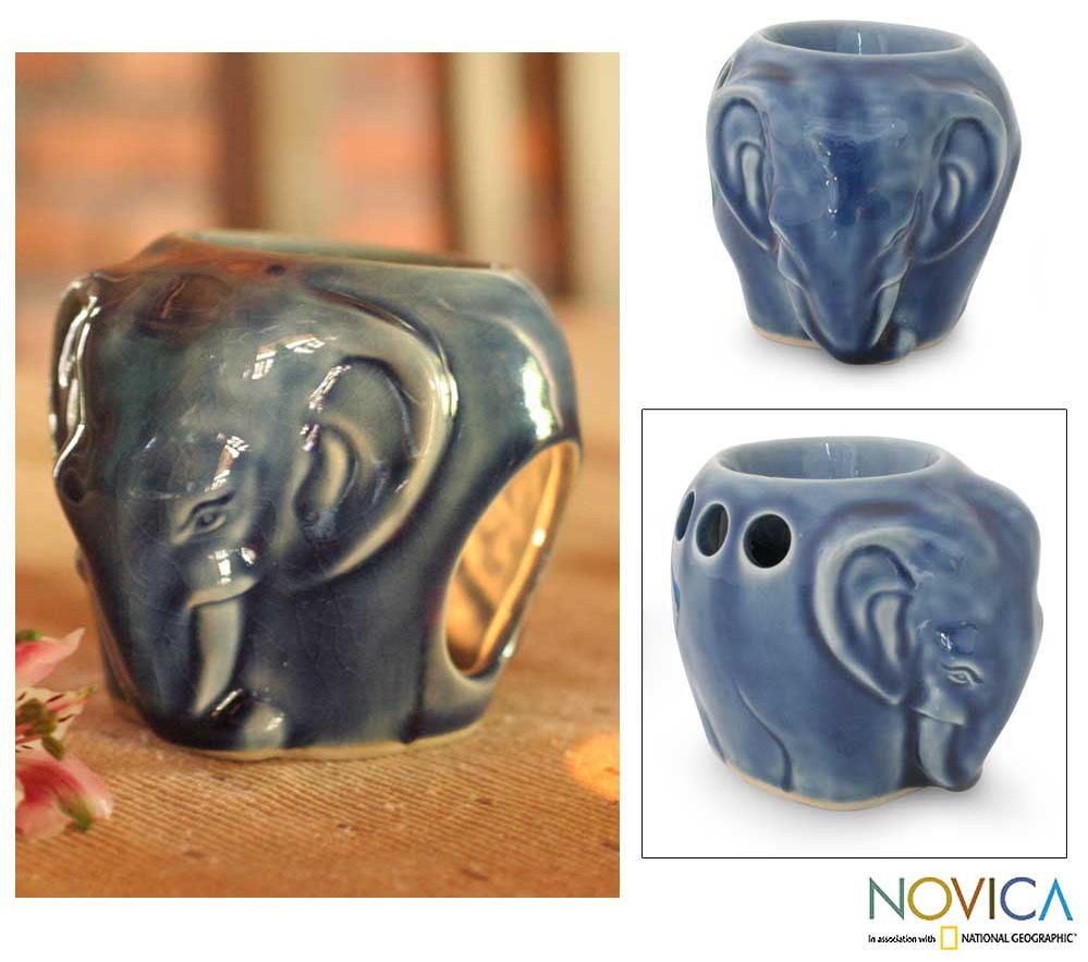 Celadon Ceramic Calm Sapphire Elephant Oil Burner Handmade In Thailand