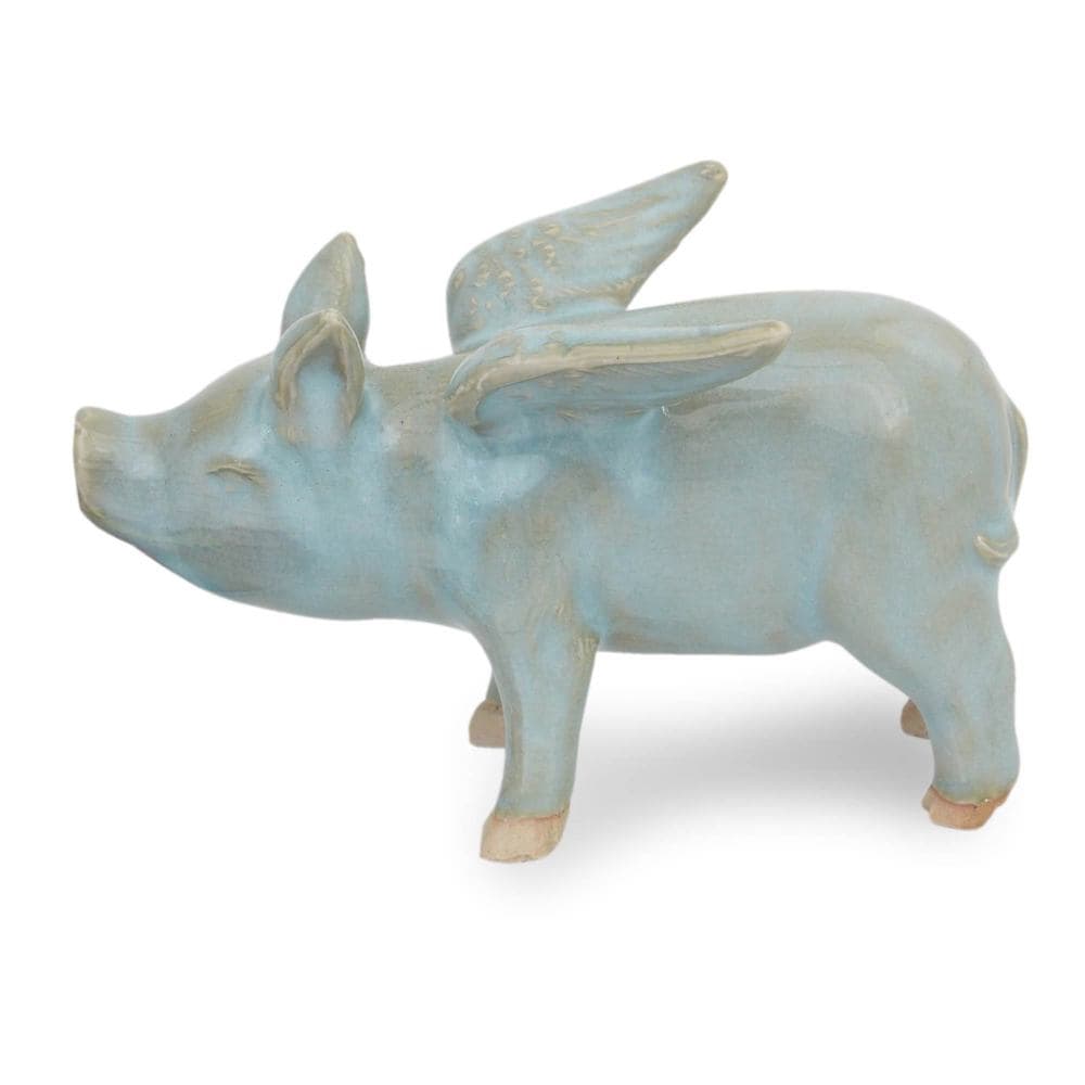 Celadon Ceramic Figurine Flying Blue Pig Thailand