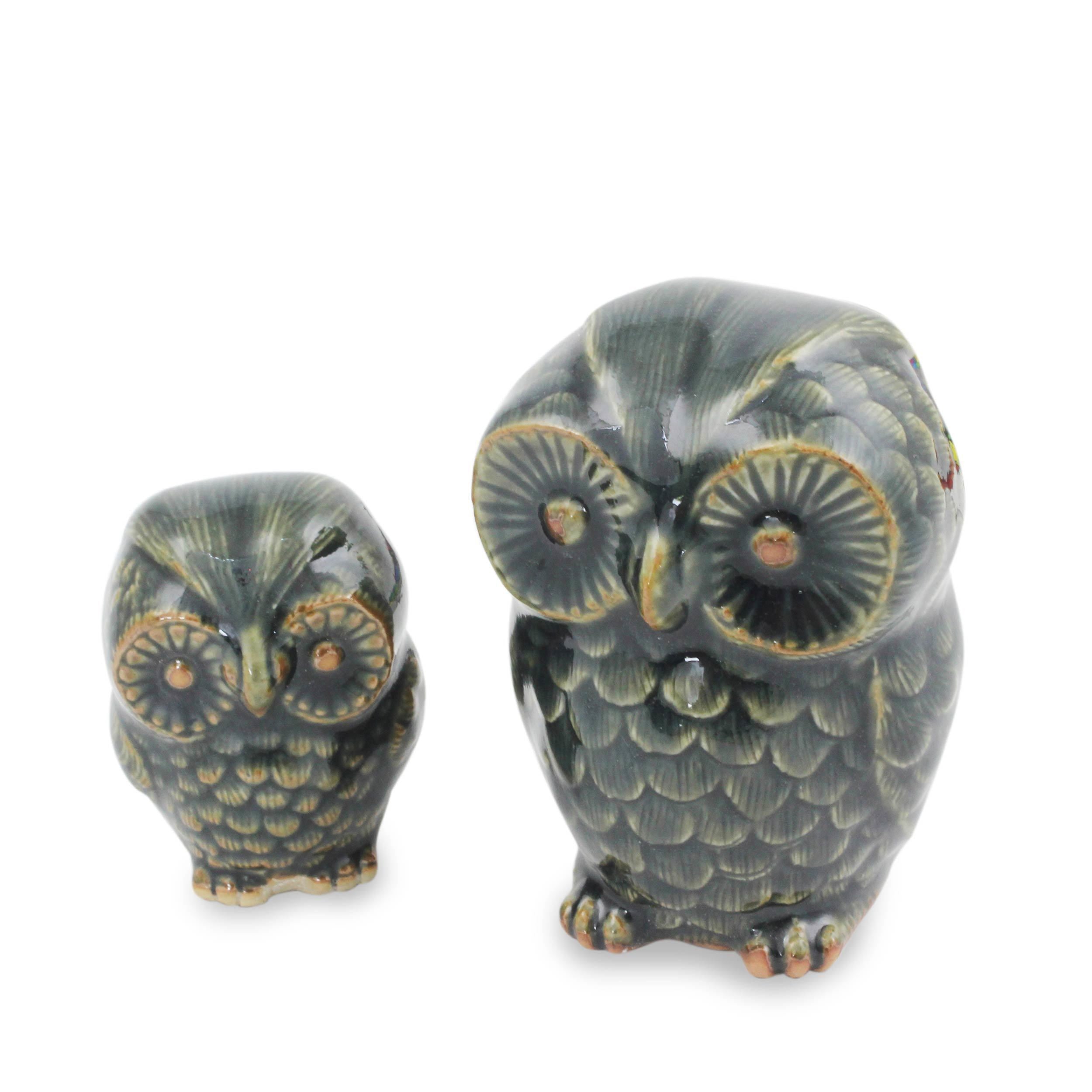 Celadon Ceramic Figurines Little Green Owls Pair Thailand