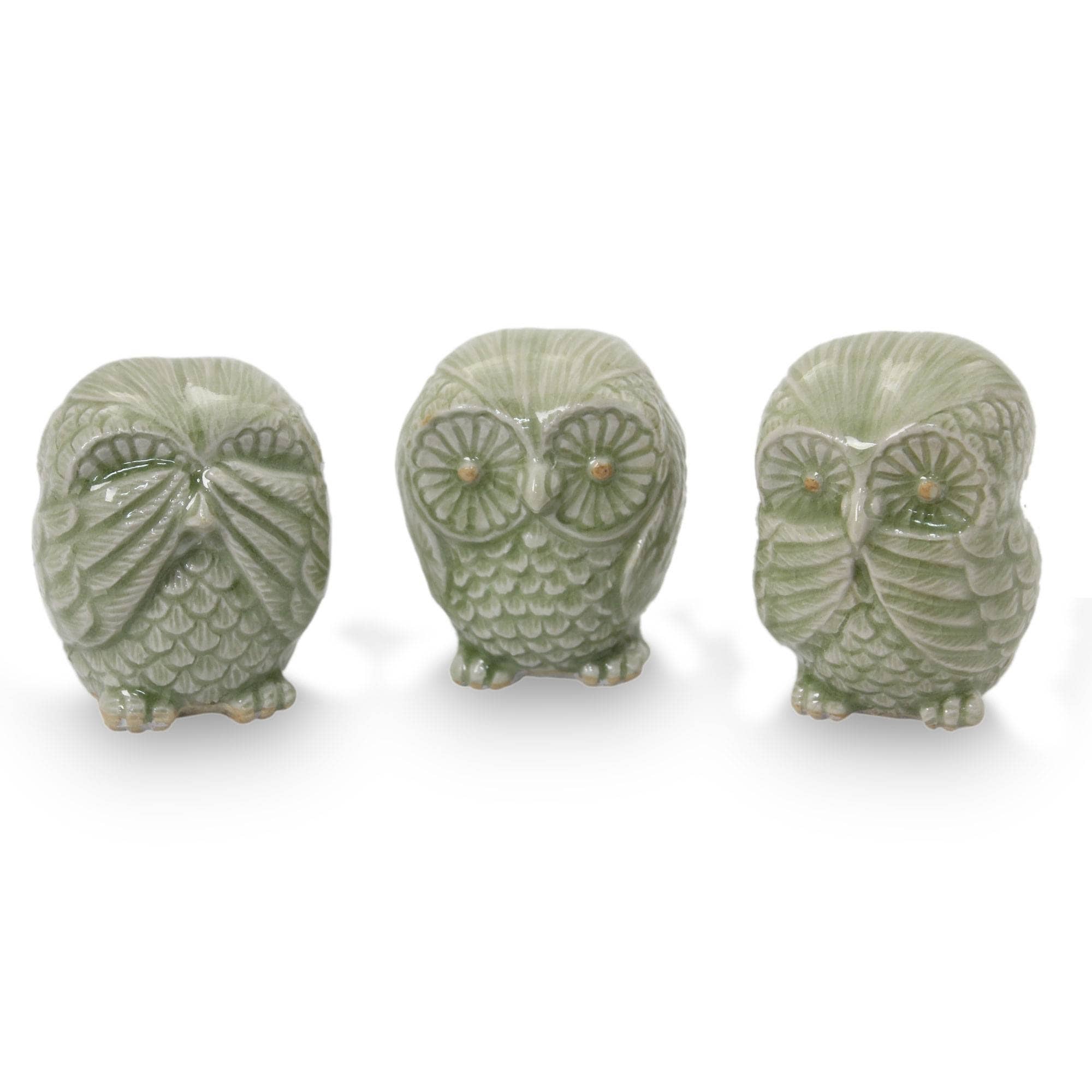 Celadon Ceramic Statuettes Green Owl Trio Set Of 3 Thailand
