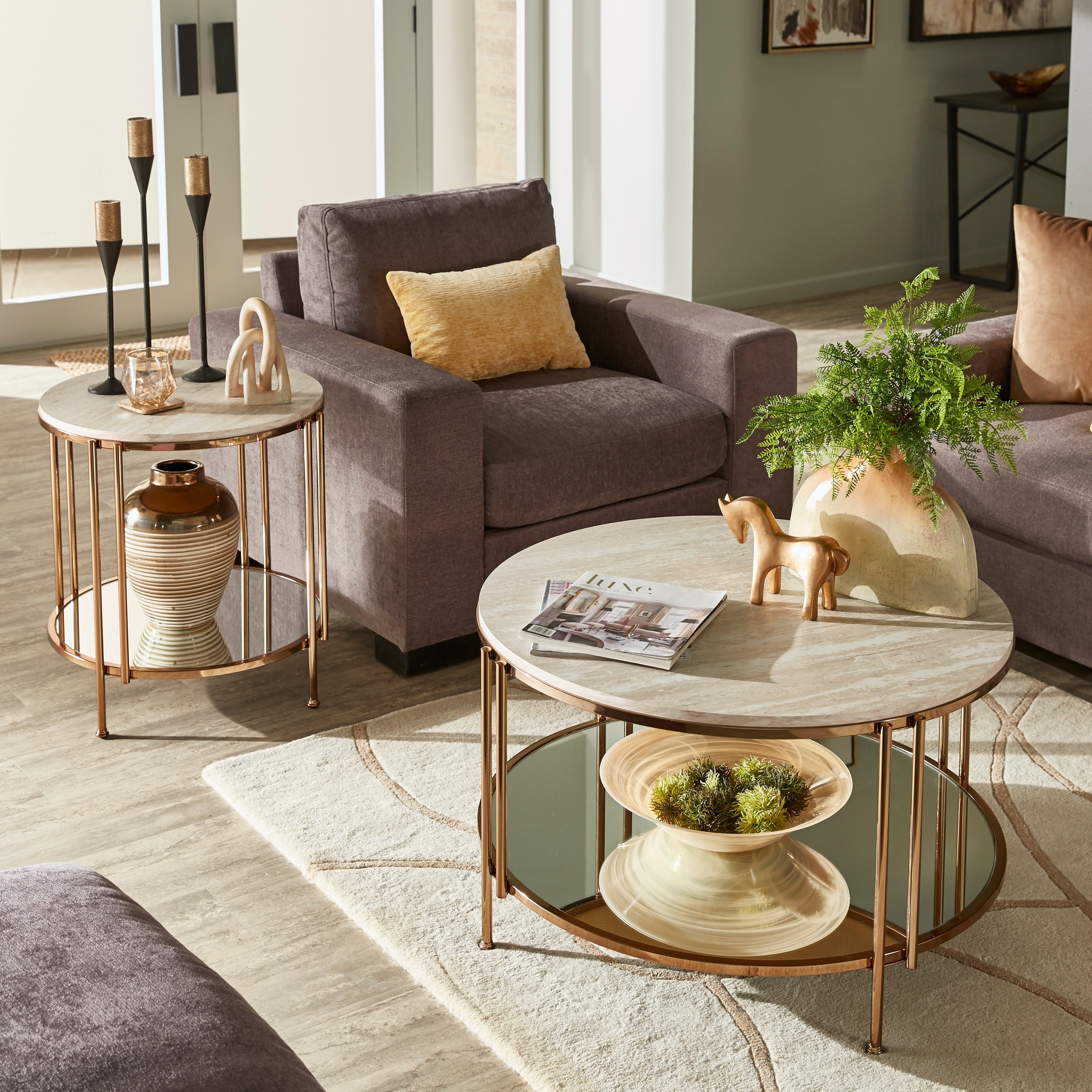 Celsus Champagne Gold Finish Cocktail Table Or Table Set With Faux Marble Top And Mirror Bottom By Inspire Q Bold