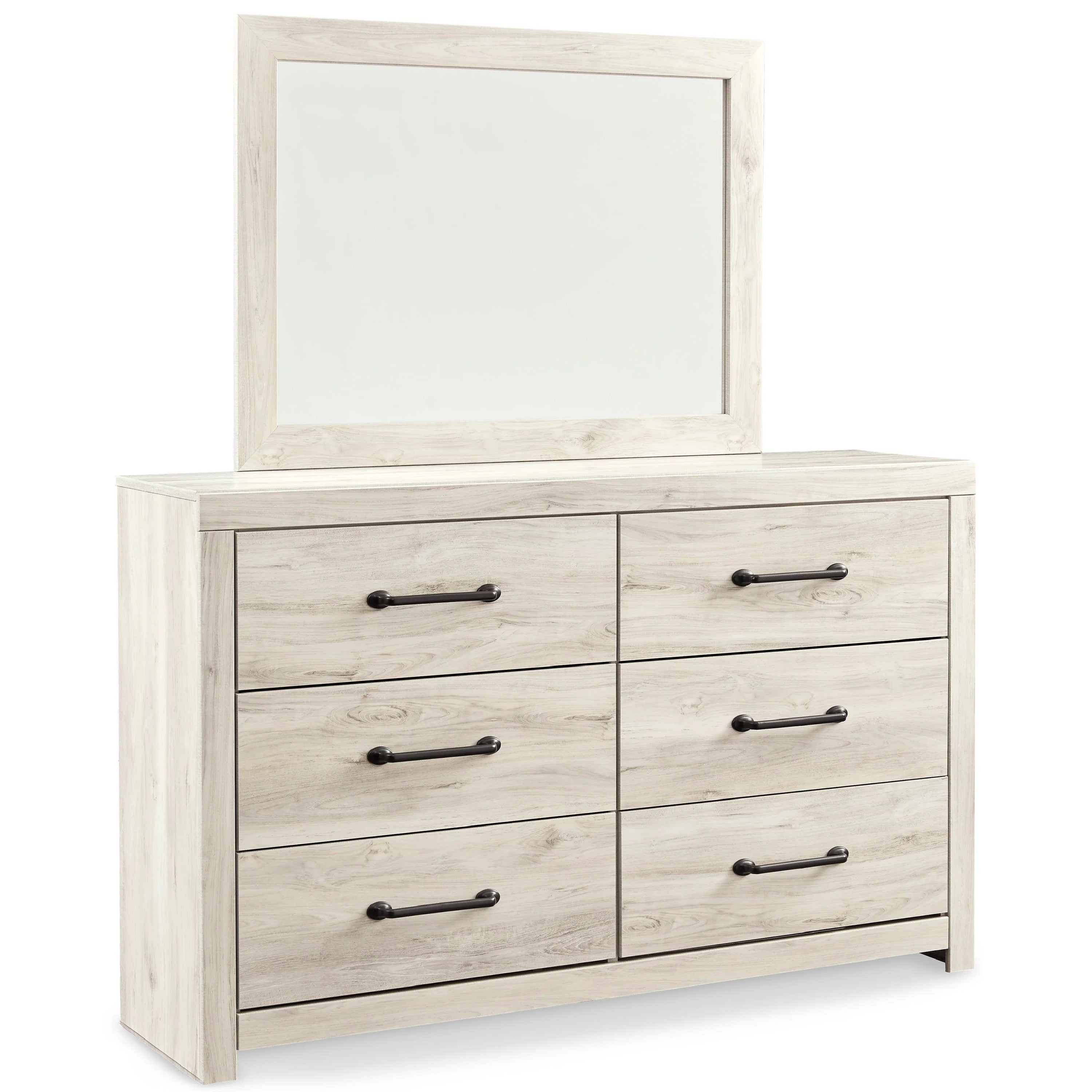 Cemy 2Pc Dresser And Mirror Set 6 Drawers W Black Handles Whitewash